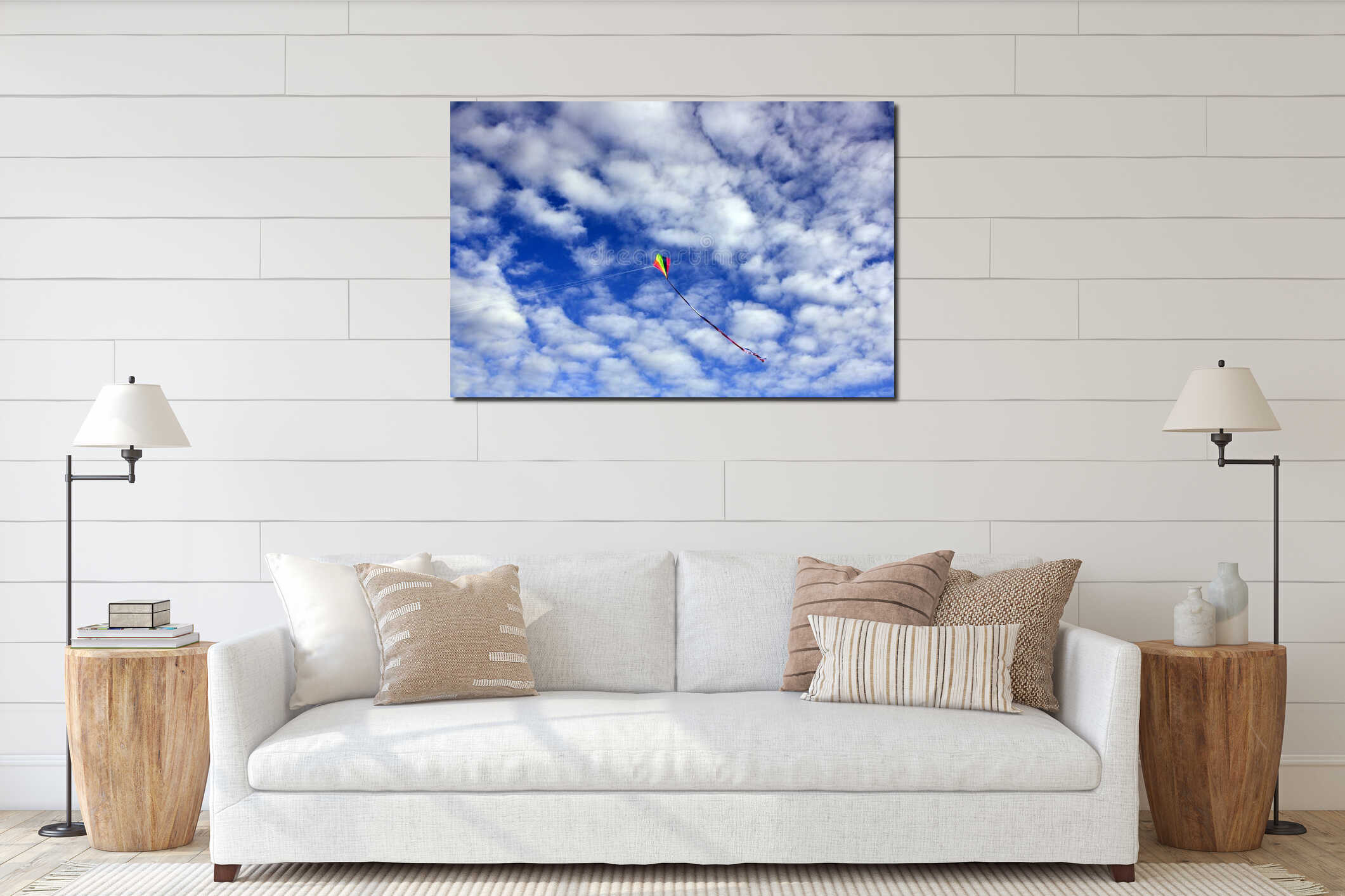 Kite in a cloudy blue sky interior mockup