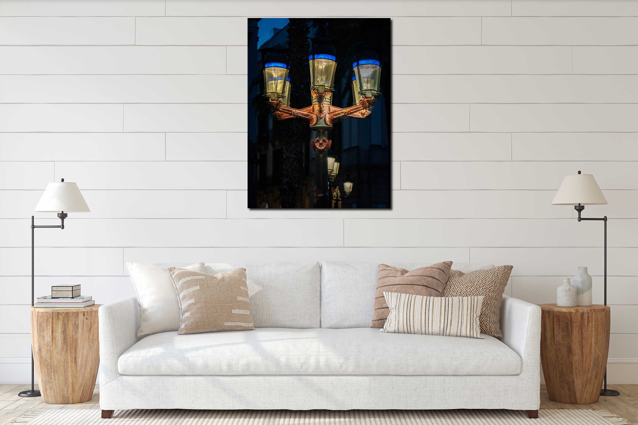 Vertical closeup of a vintage illuminated street light in the dark interior mockup