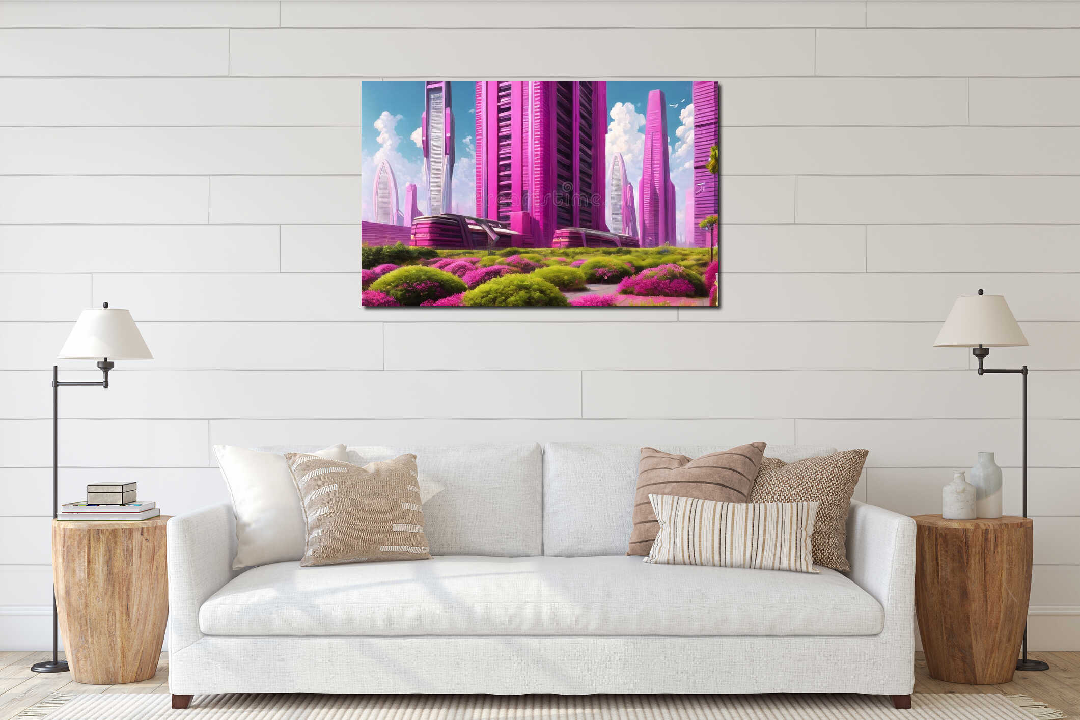 Cyberpunk Poster 80s style. Retro style, neon, futuristic, landscape, night city, ai generated interior mockup