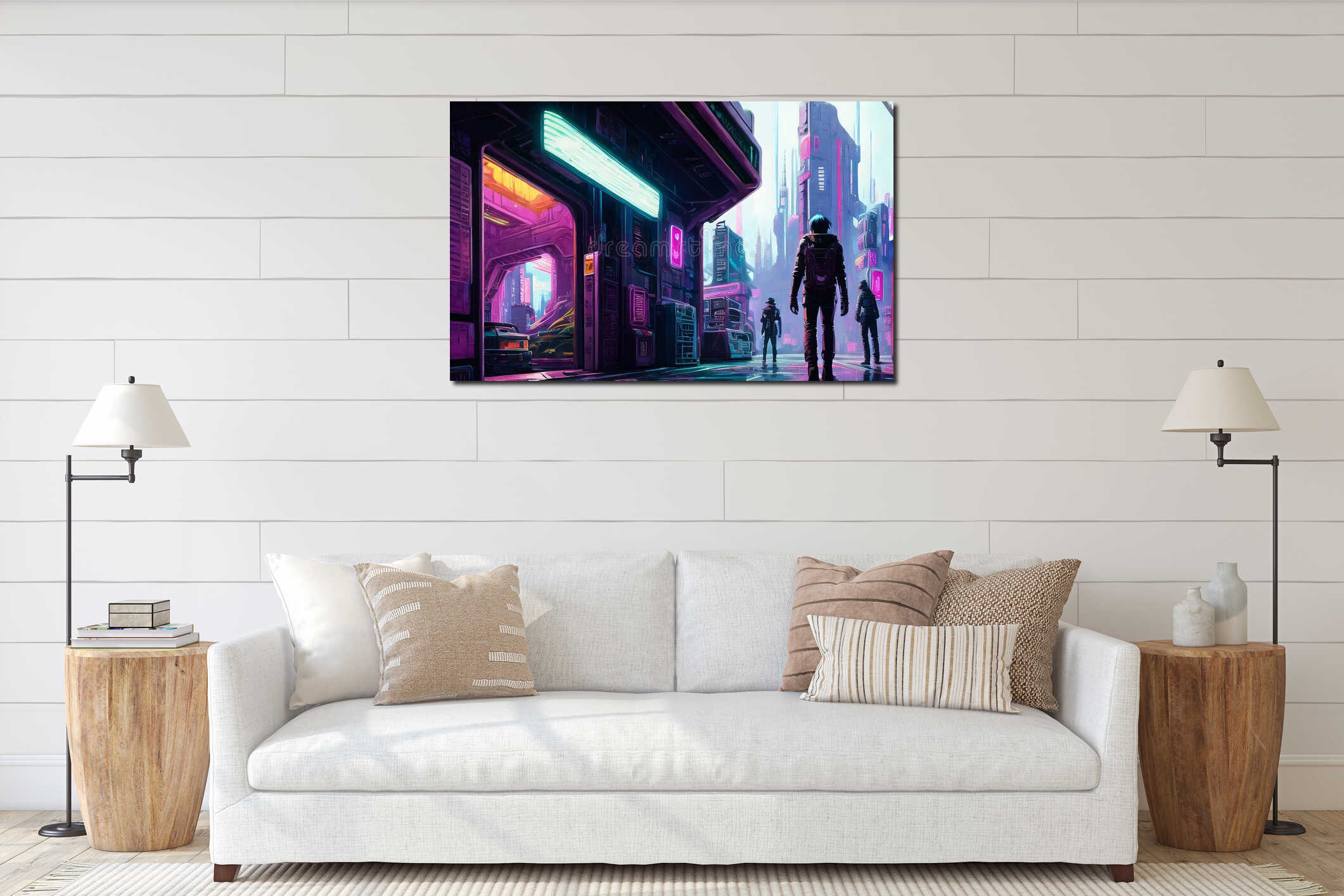 Cyberpunk Poster 80s style. Retro style, neon, futuristic, landscape, night city, ai generated interior mockup