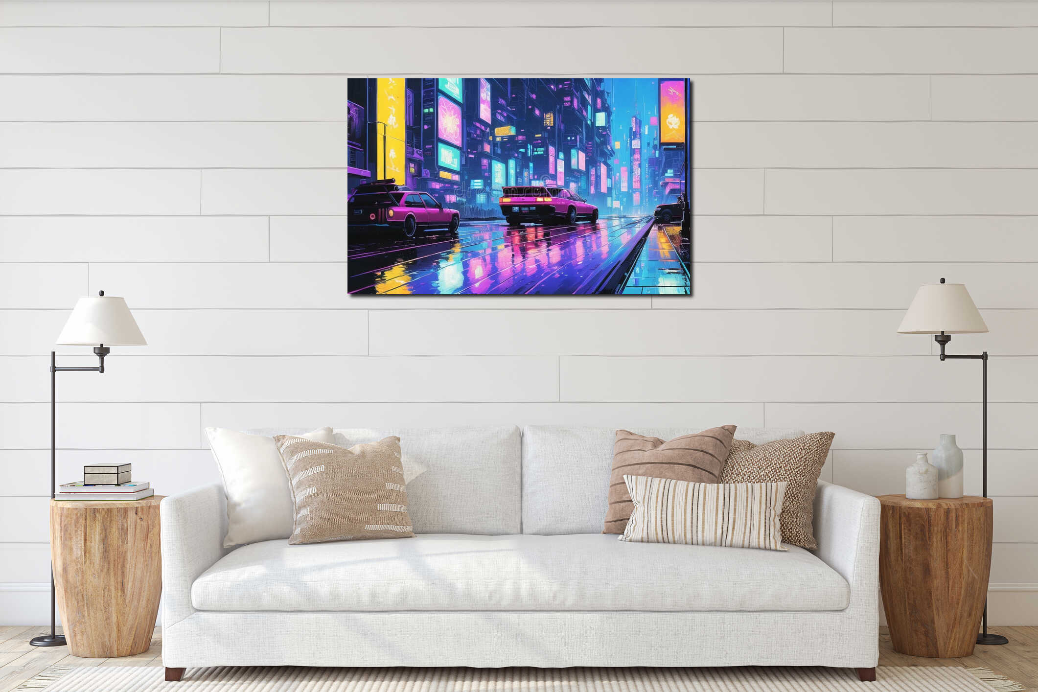 Cyberpunk Poster 80s style. Retro style, neon, futuristic, landscape, night city, ai generated interior mockup