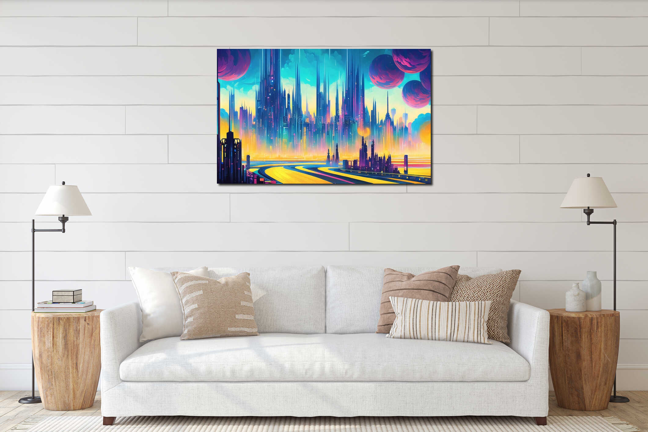 Cyberpunk Poster 80s style. Retro style, neon, futuristic, landscape, night city, ai generated interior mockup