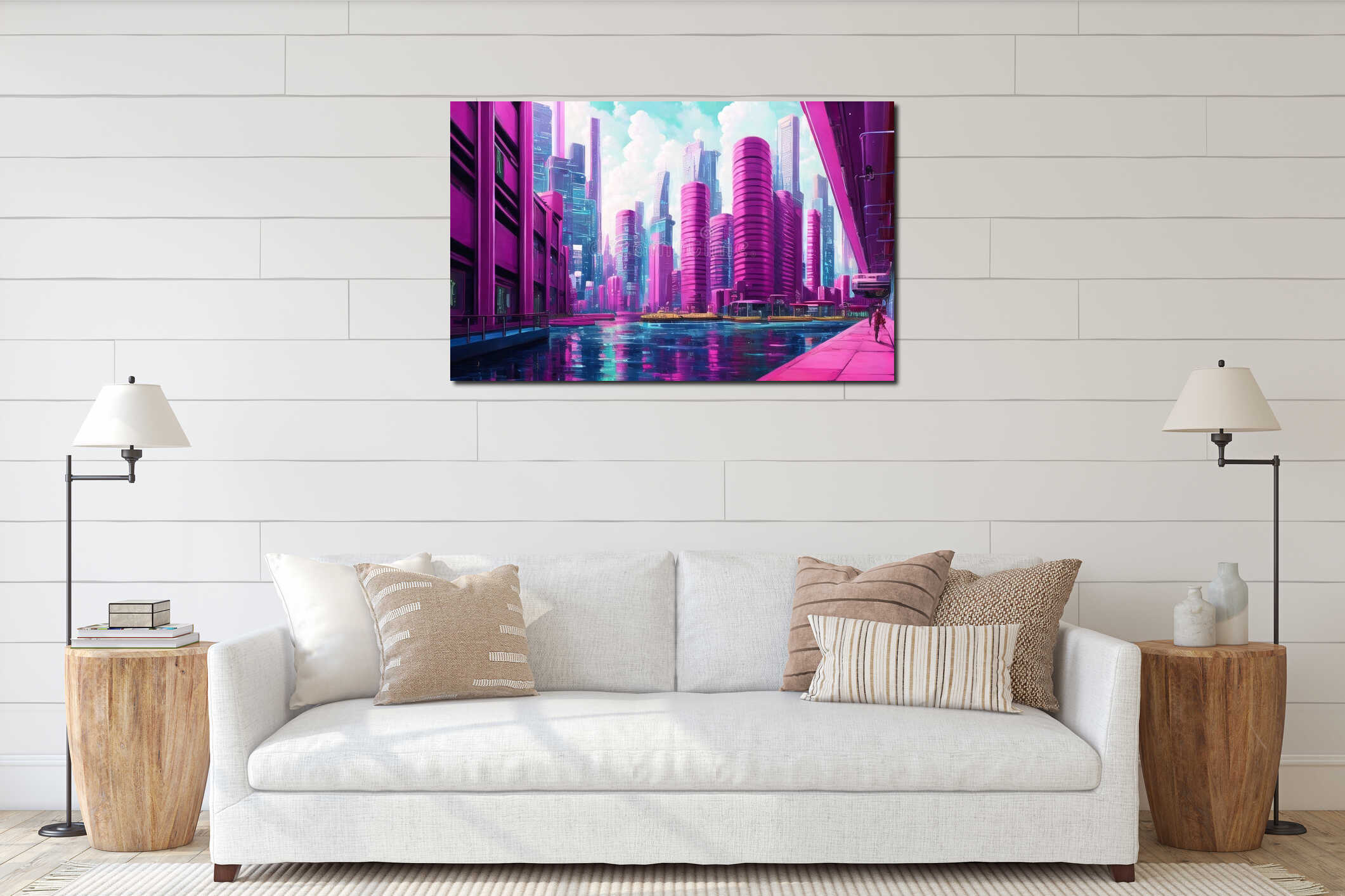 Cyberpunk Poster 80s style. Retro style, neon, futuristic, landscape, night city, ai generated interior mockup