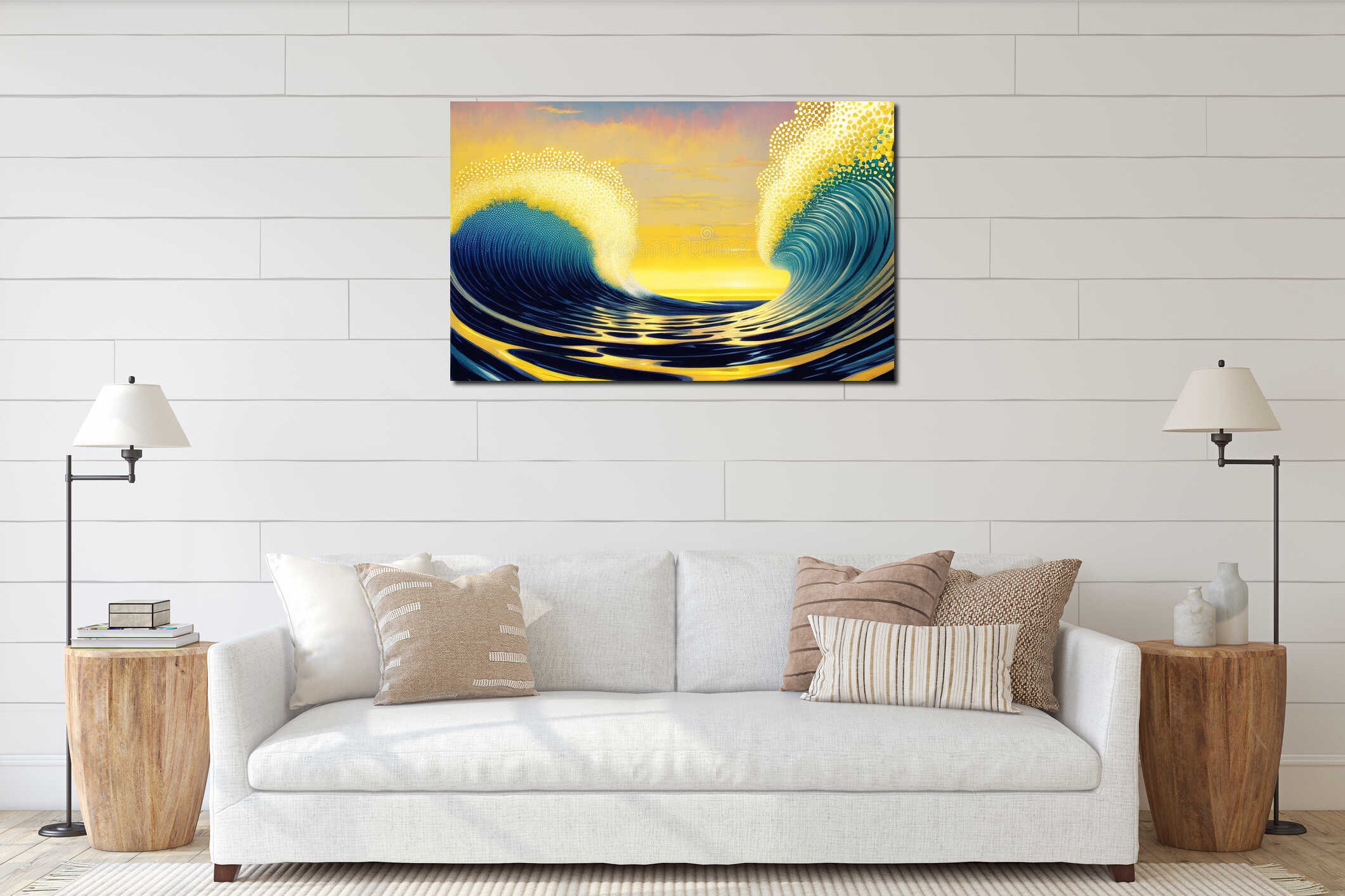 Cyberpunk Poster 80s style. Retro style, neon, futuristic, landscape, night city, ai generated interior mockup