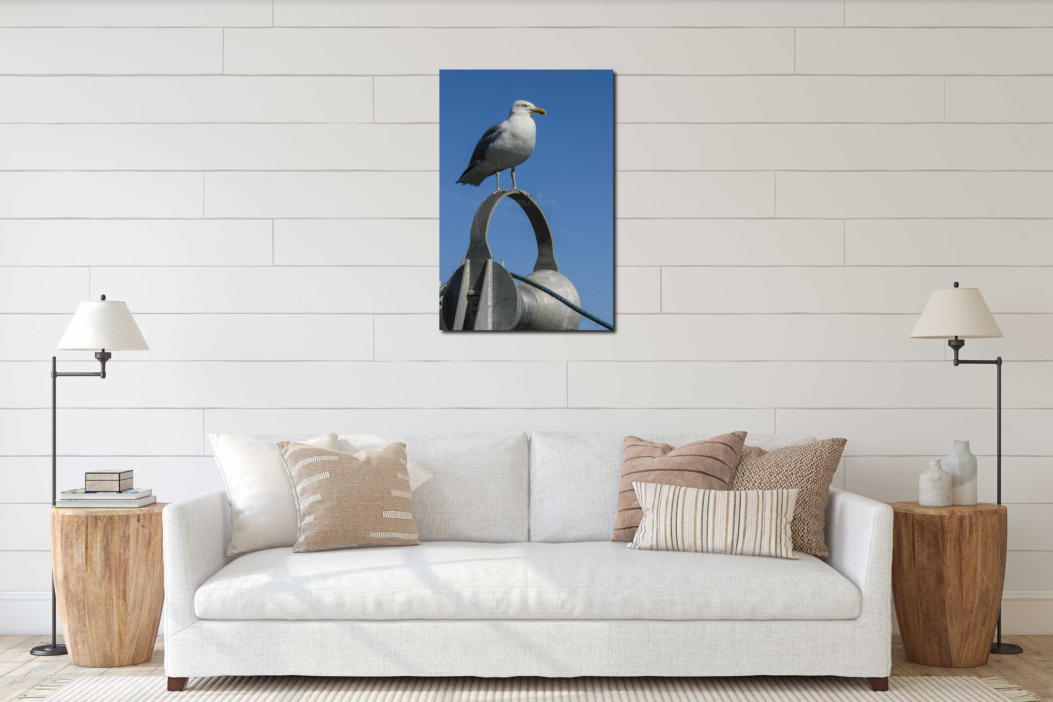 Posing Seagull front of a Blue Sky in a fishing port interior mockup