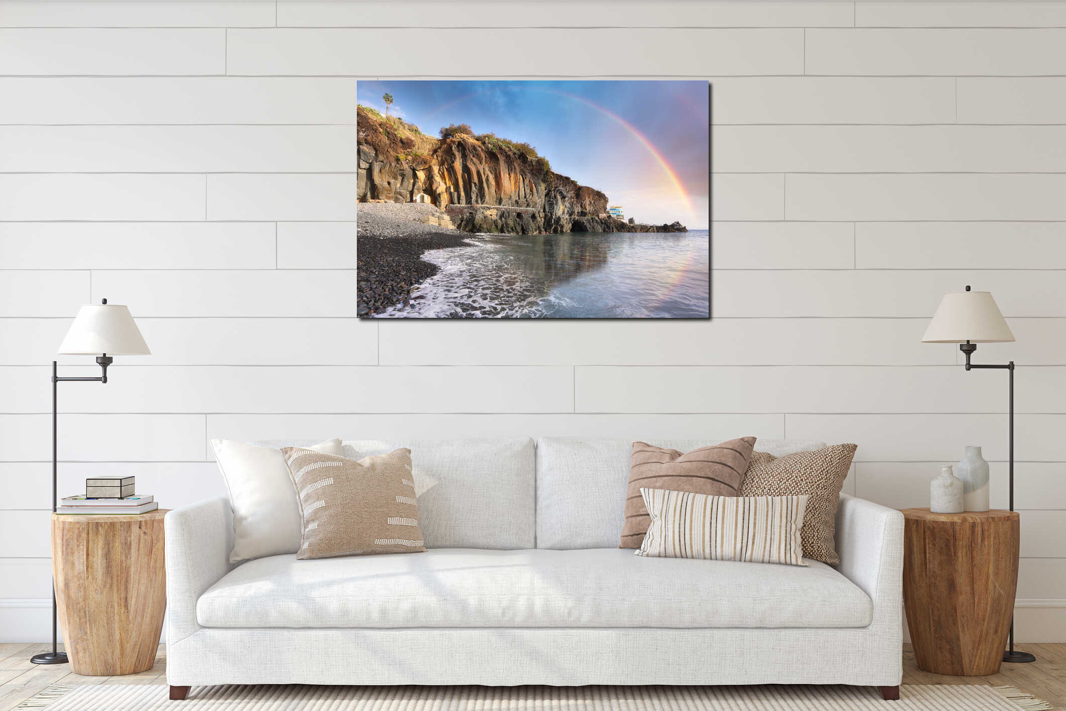 Ocean dramatic sunset with rainbow near natural pools in Madeira. Portugal interior mockup