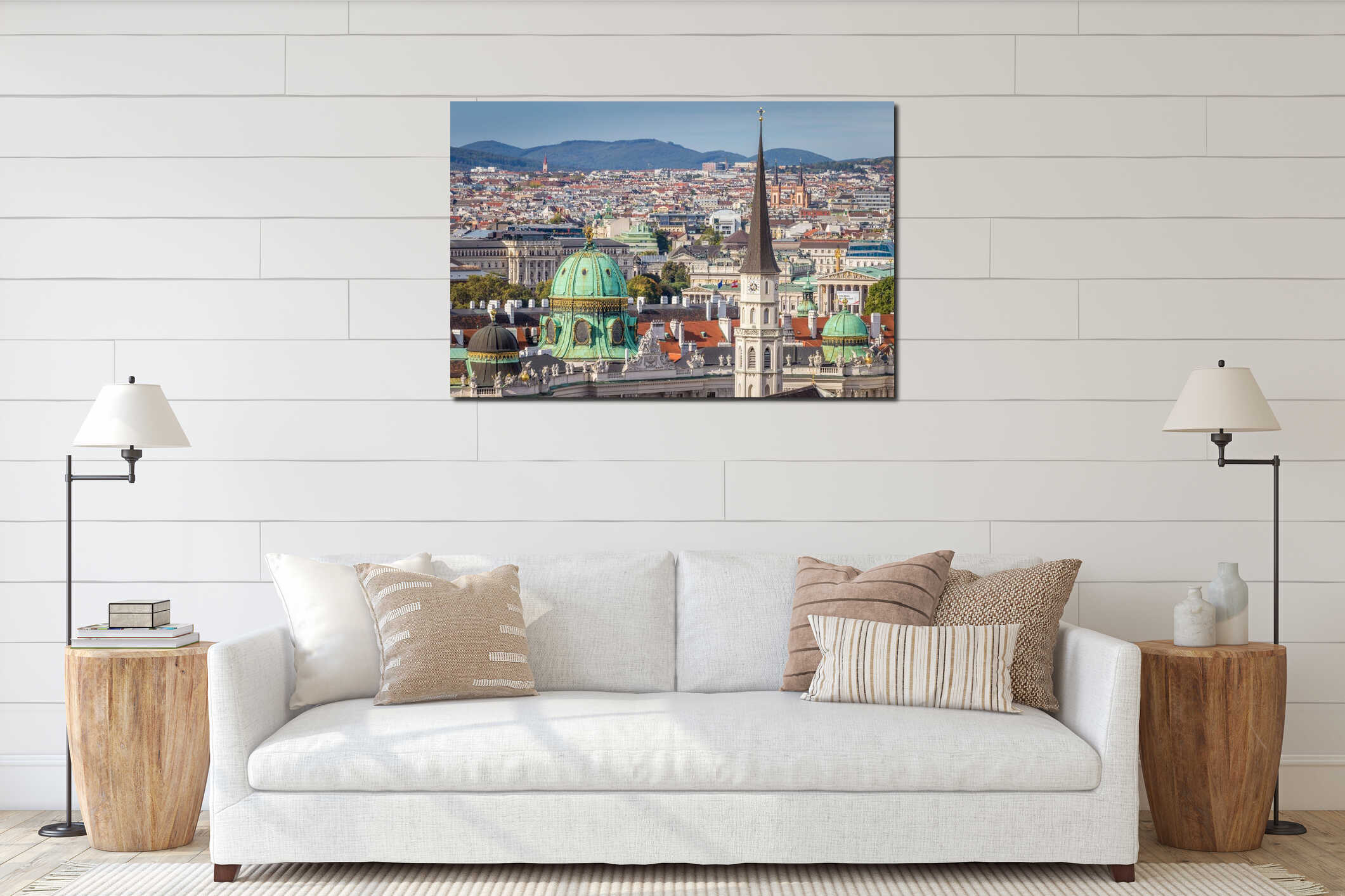 Panoramic view of Vienna cityscape with Cathedral and roofs from above, Austria interior mockup
