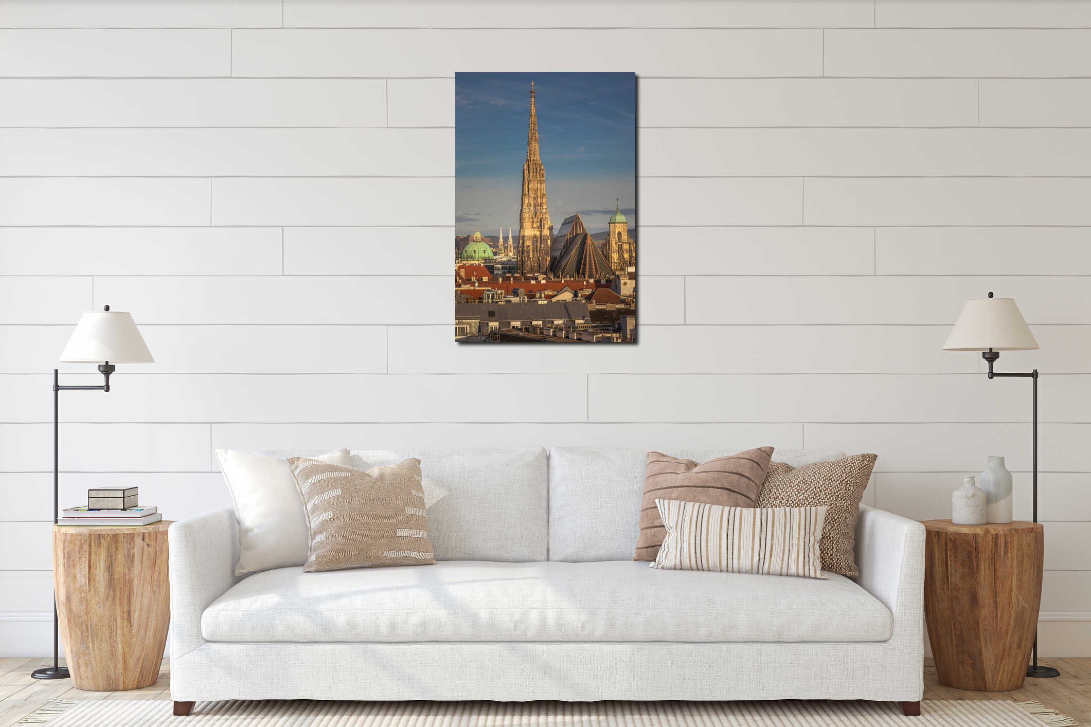 Panoramic view of Vienna cityscape with Cathedral from above, Austria interior mockup