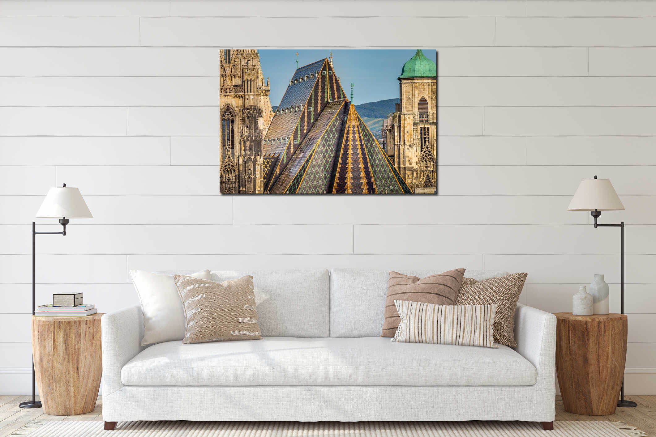 Panoramic view of Vienna cityscape with Cathedral from above, Austria interior mockup