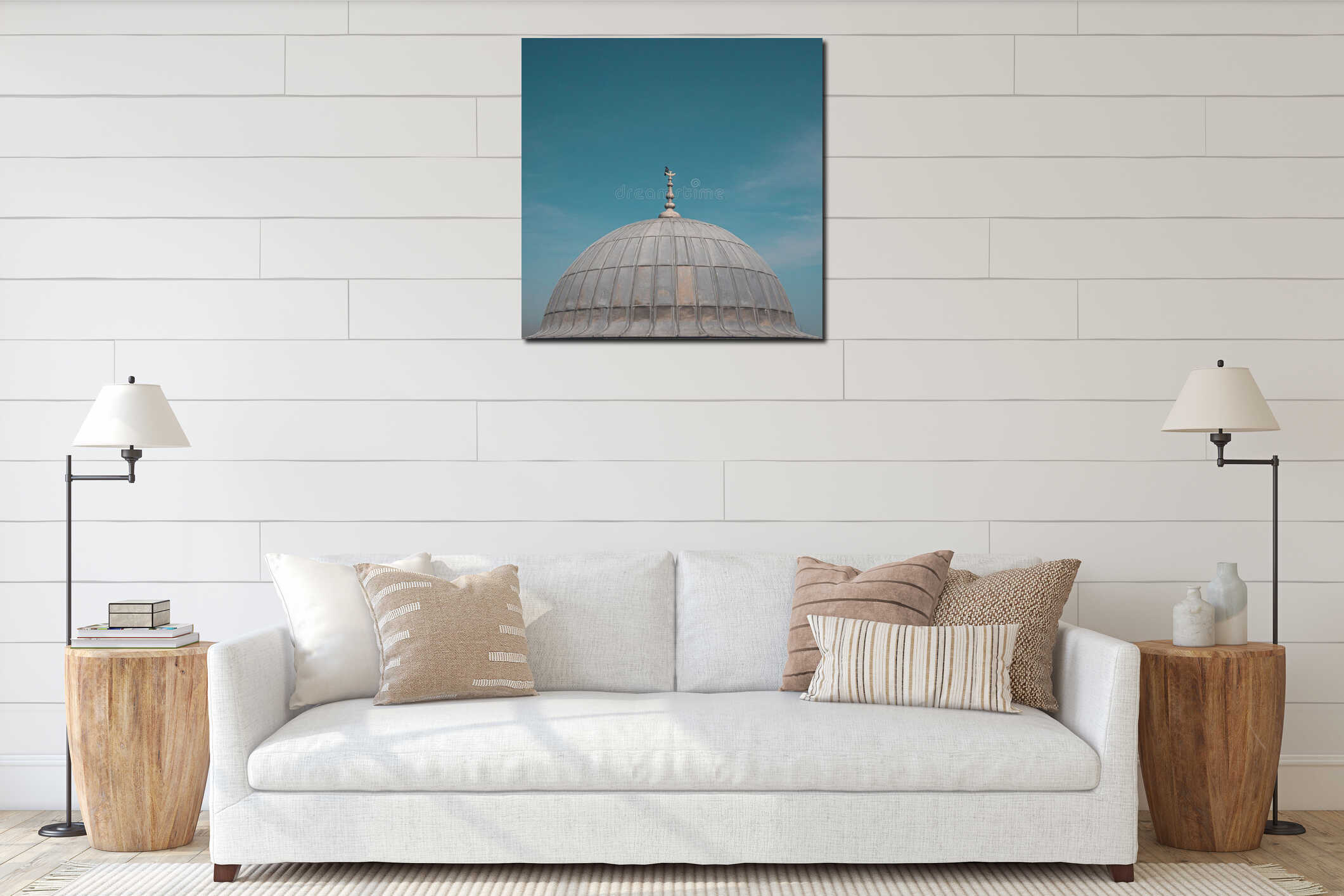 Closeup of a bird perched on top of Suleymaniye Mosque against a blue sky in Istanbul, Turkey interior mockup