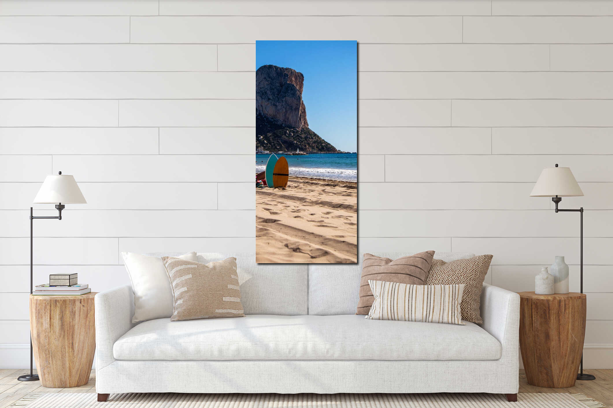 Vertical shot of the surfboards by the beach interior mockup