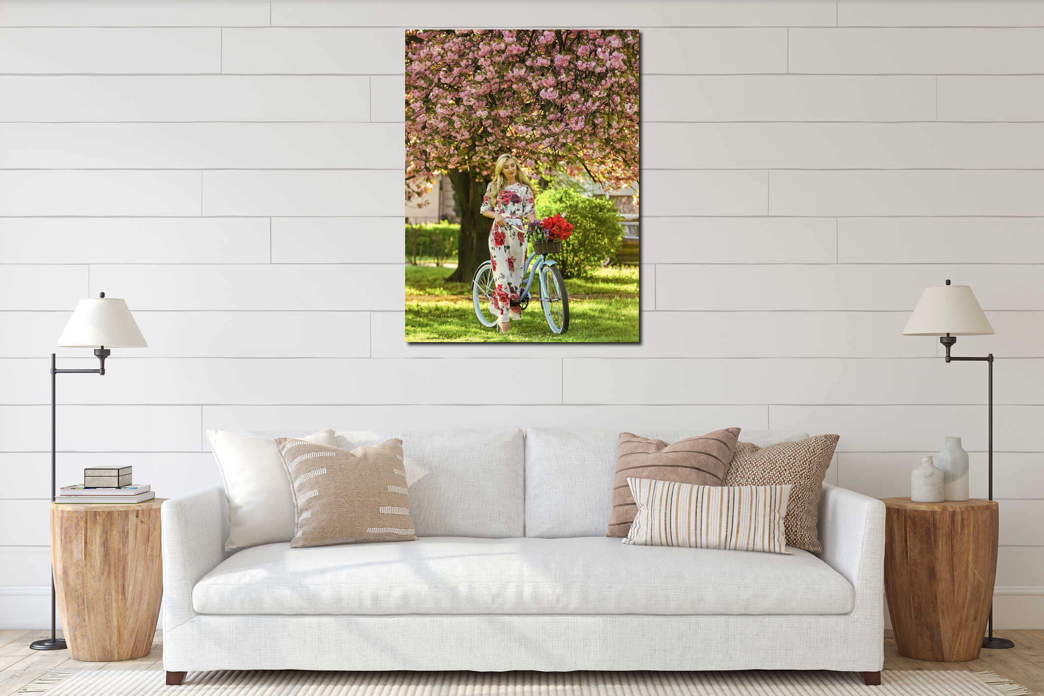 Spring holidays. Woman with tulips bouquet. Sakura tree blooming. Girl long dress retro cruiser bicycle sakura tree interior mockup