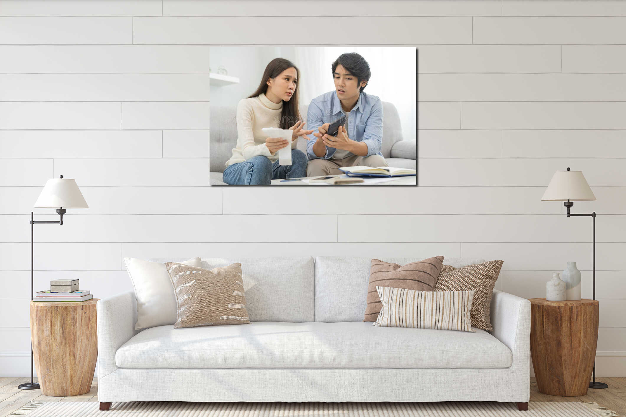 Stressed financial owe asian young couple love hand in holding bills, sitting on sofa together, stressed and confused by calculate interior mockup
