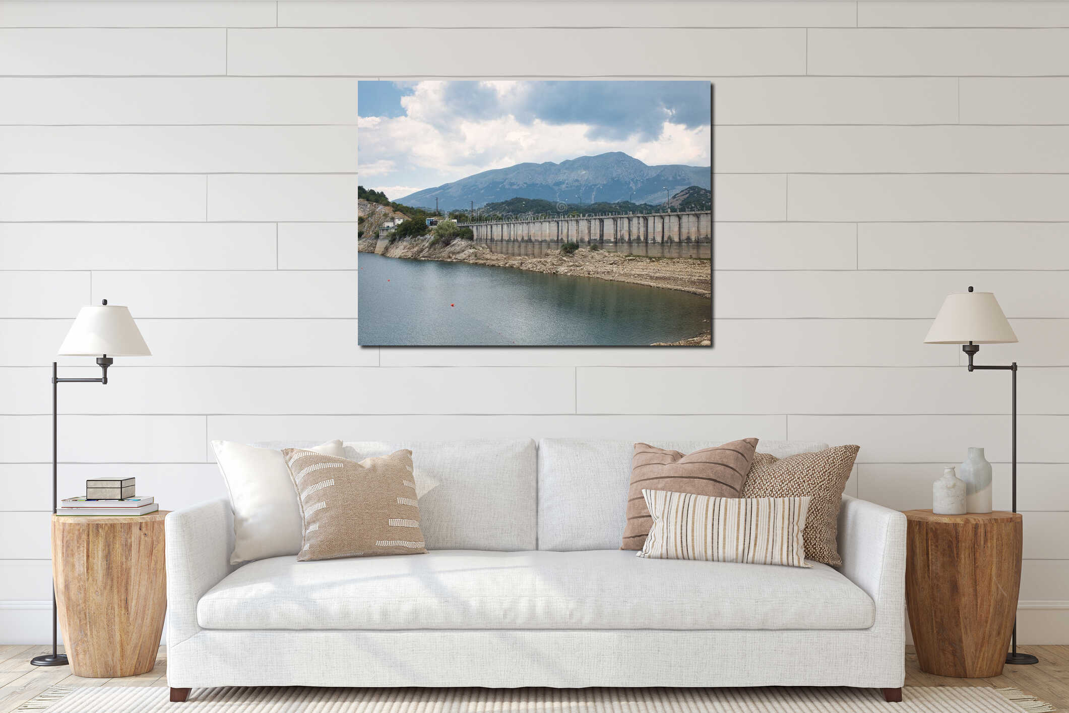 A large concrete bridge across the lake interior mockup