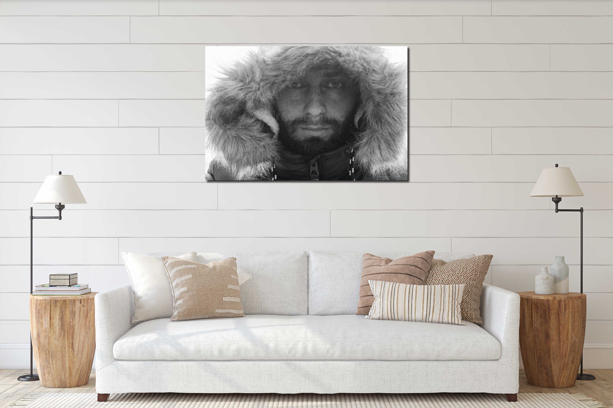 Bearded young man with freckles in a winter jacket with fur interior mockup