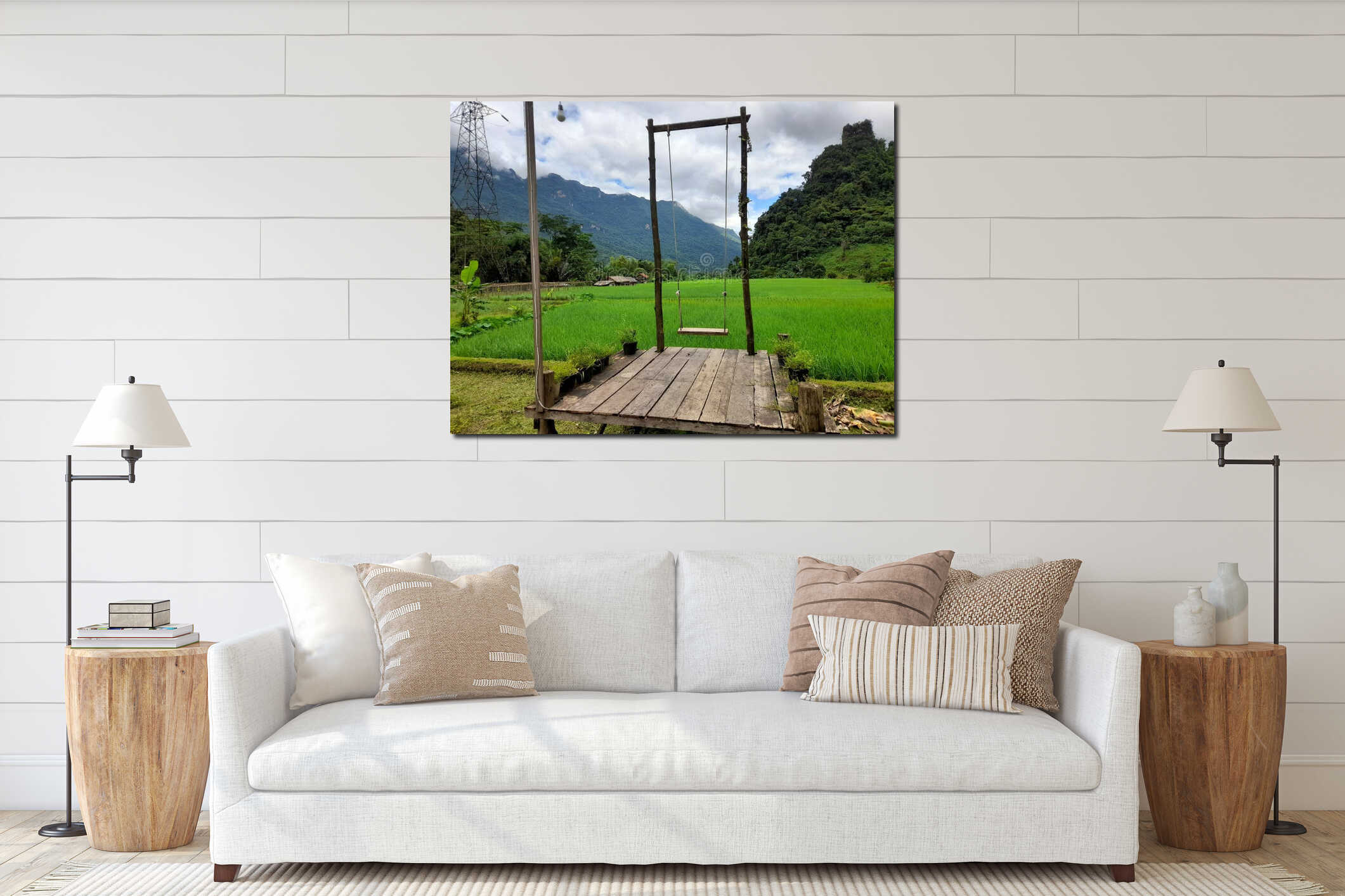 Empty wooden swing in paddy flied. interior mockup