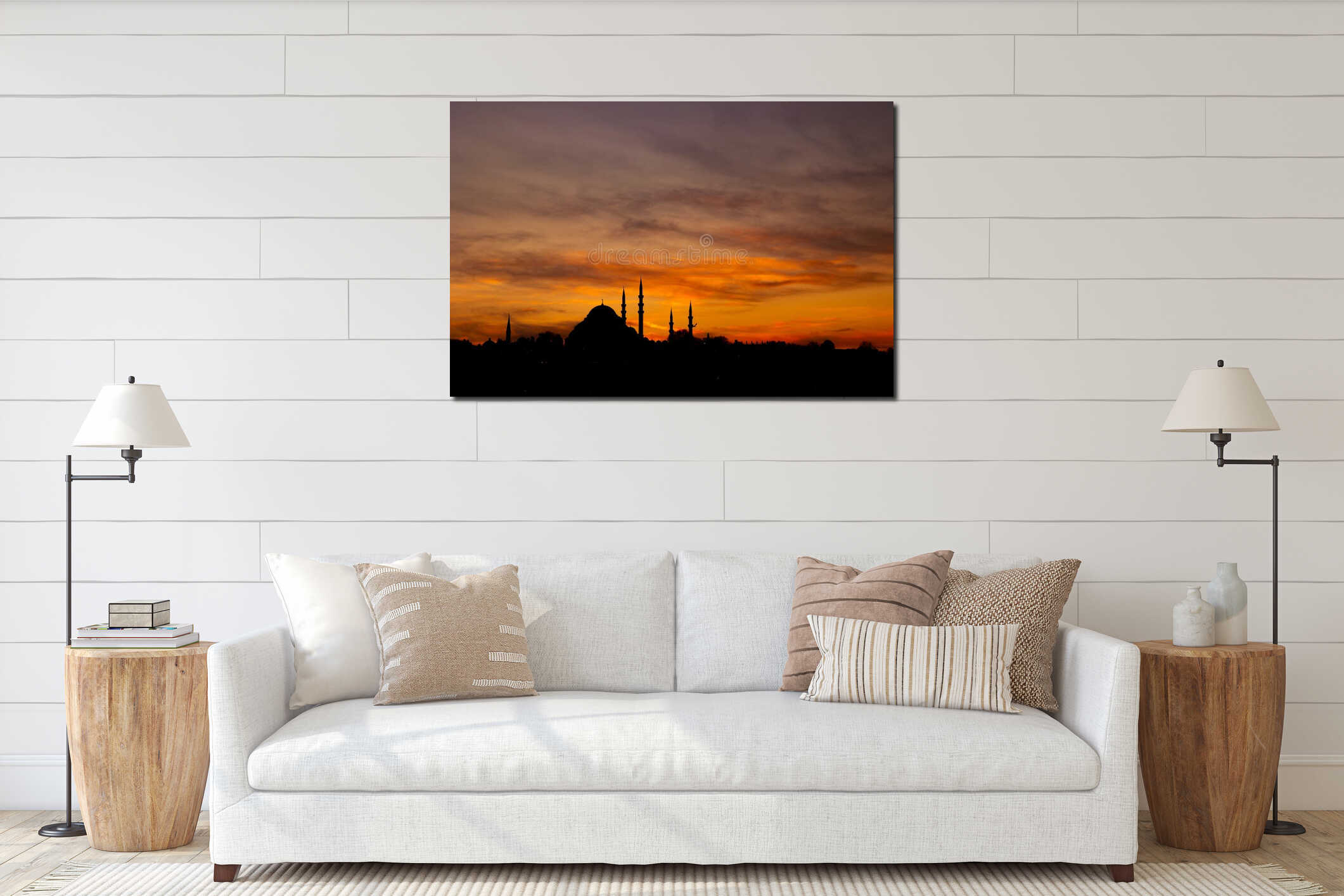 Istanbul silhouette. suleymaniye Mosque at sunset with dramatic clouds. interior mockup