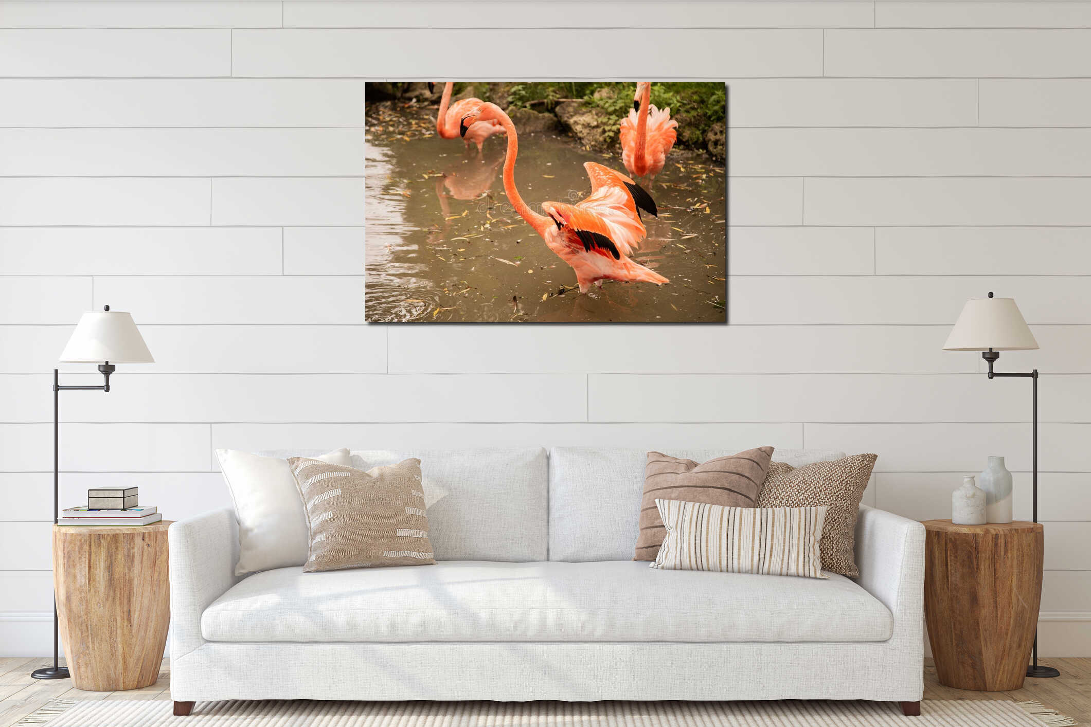 An American flamingo bird stretches its wings interior mockup