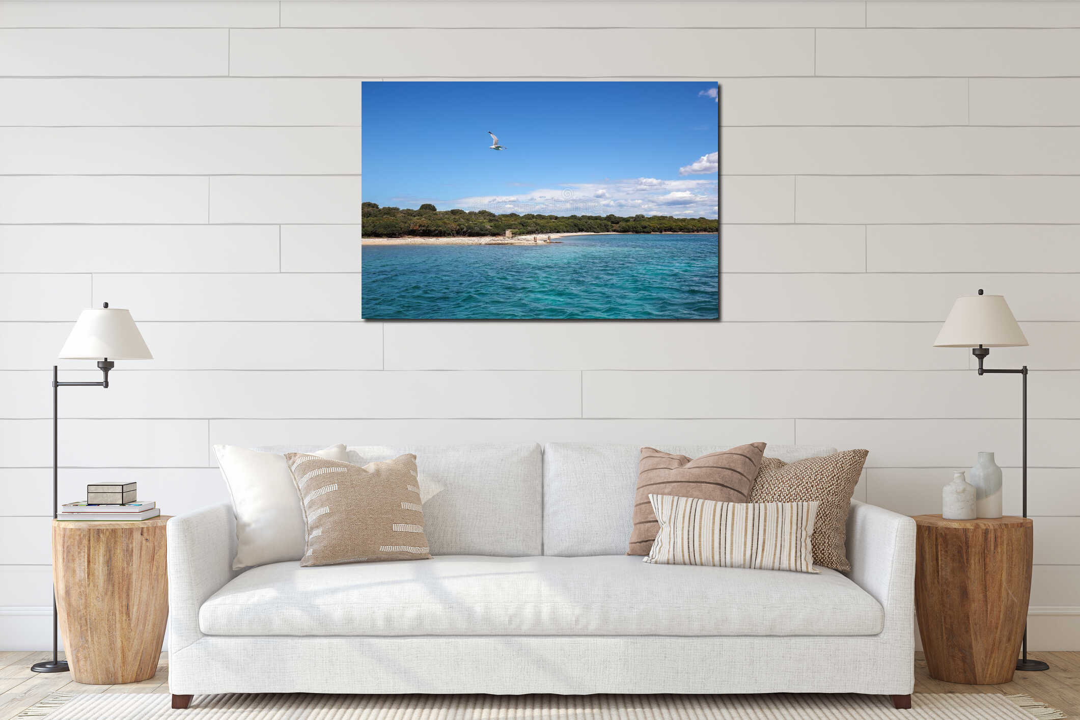 Seagull Flies near Shore of Brionian Island in Croatia interior mockup