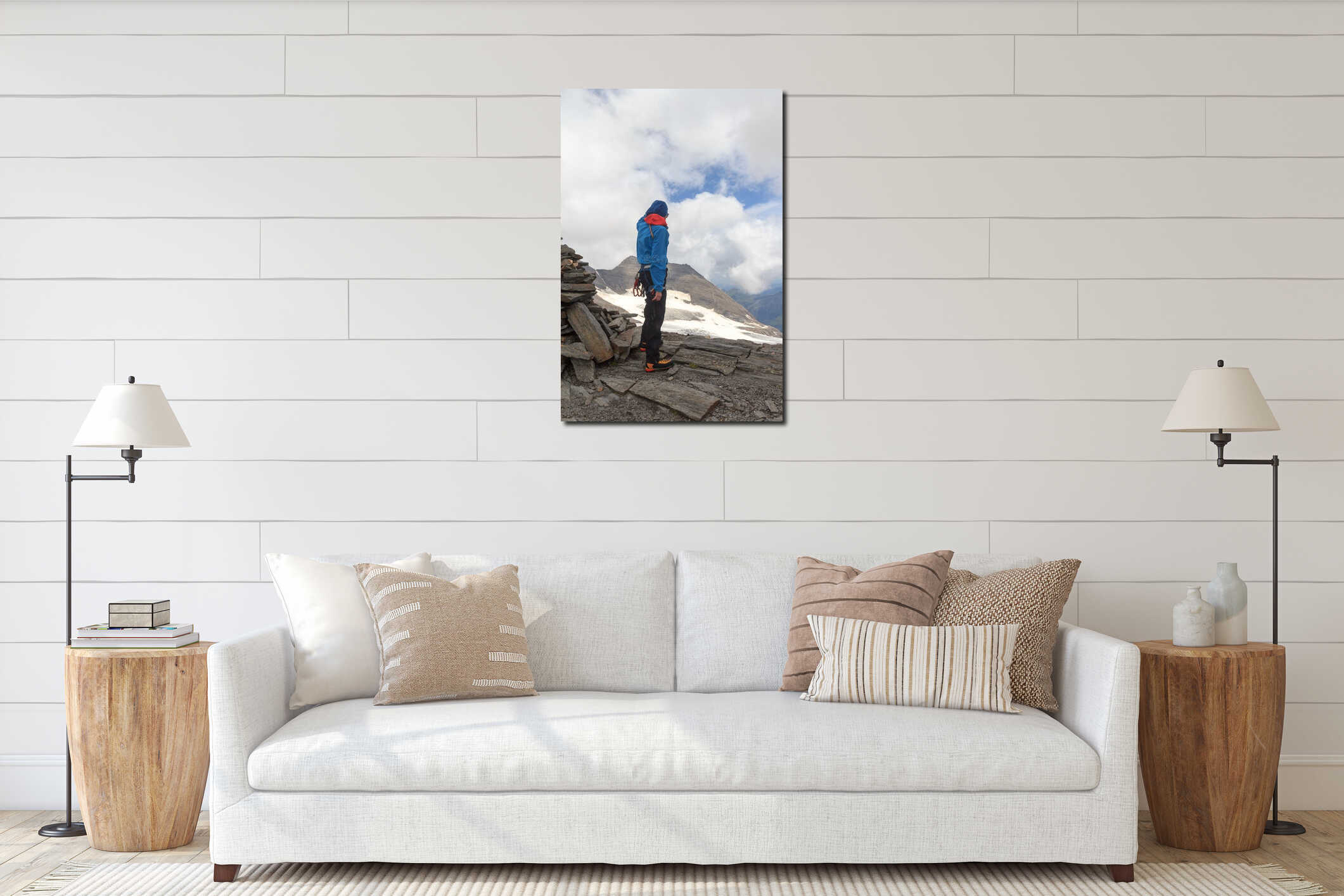 Mountaineer (man) standing next to cairn on summit of Eiswandbichl and looking at mountain snow and glacier panorama interior mockup