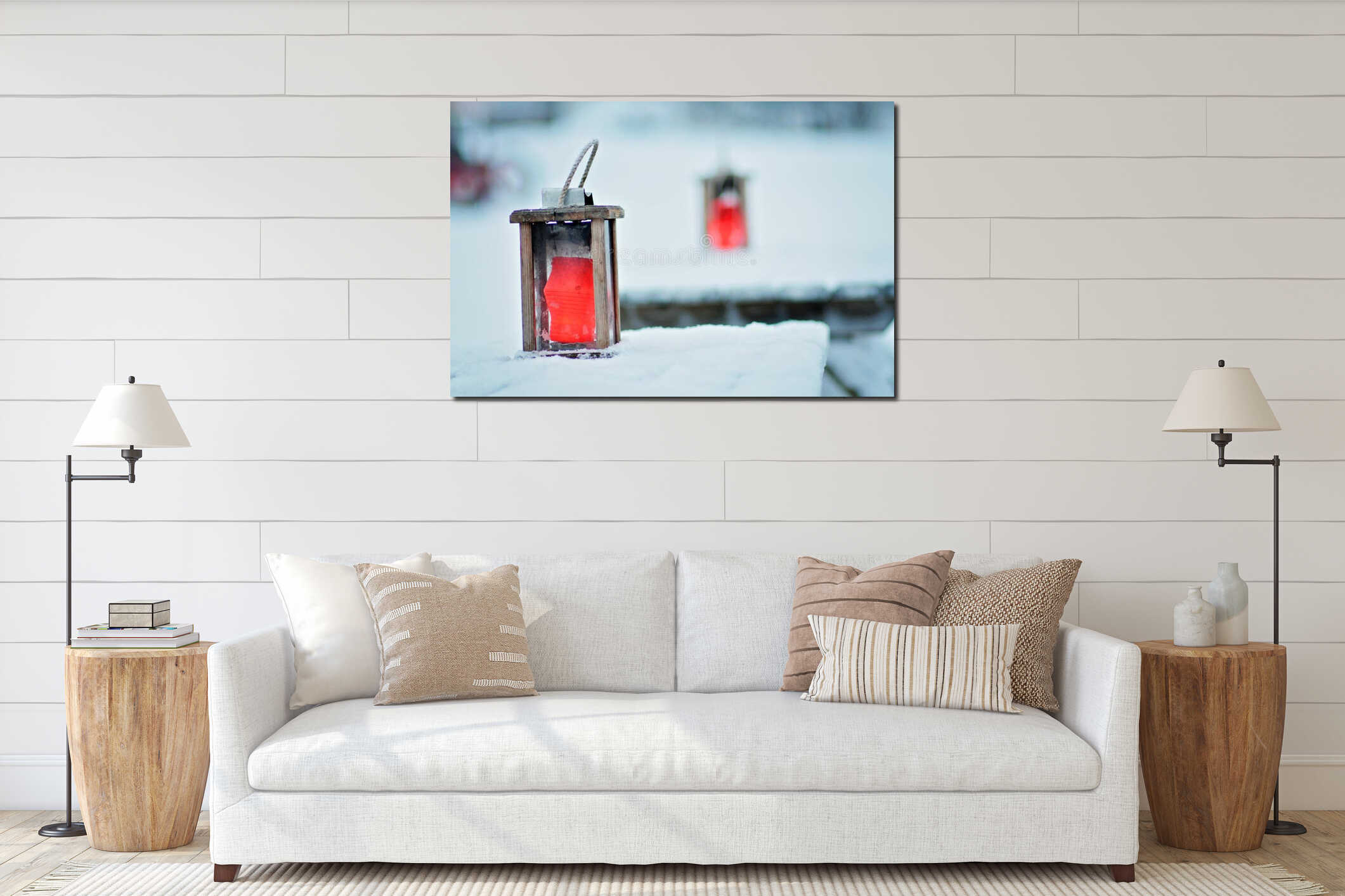 Rustic wooden lanterns on outdoor tables. Bright red candles inside the lanters. Light snow is covering the tables. interior mockup