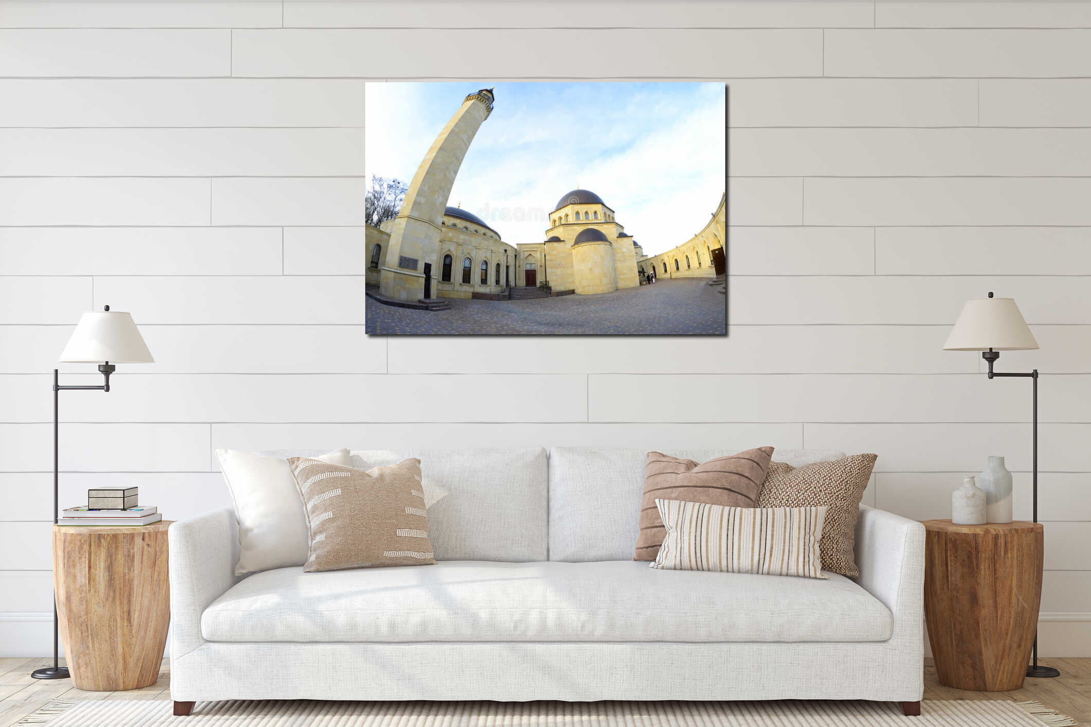 Building minaret domes courtyard of the Ar-Rahma Mosque Mercy Mosque . Kyiv, Ukraine interior mockup