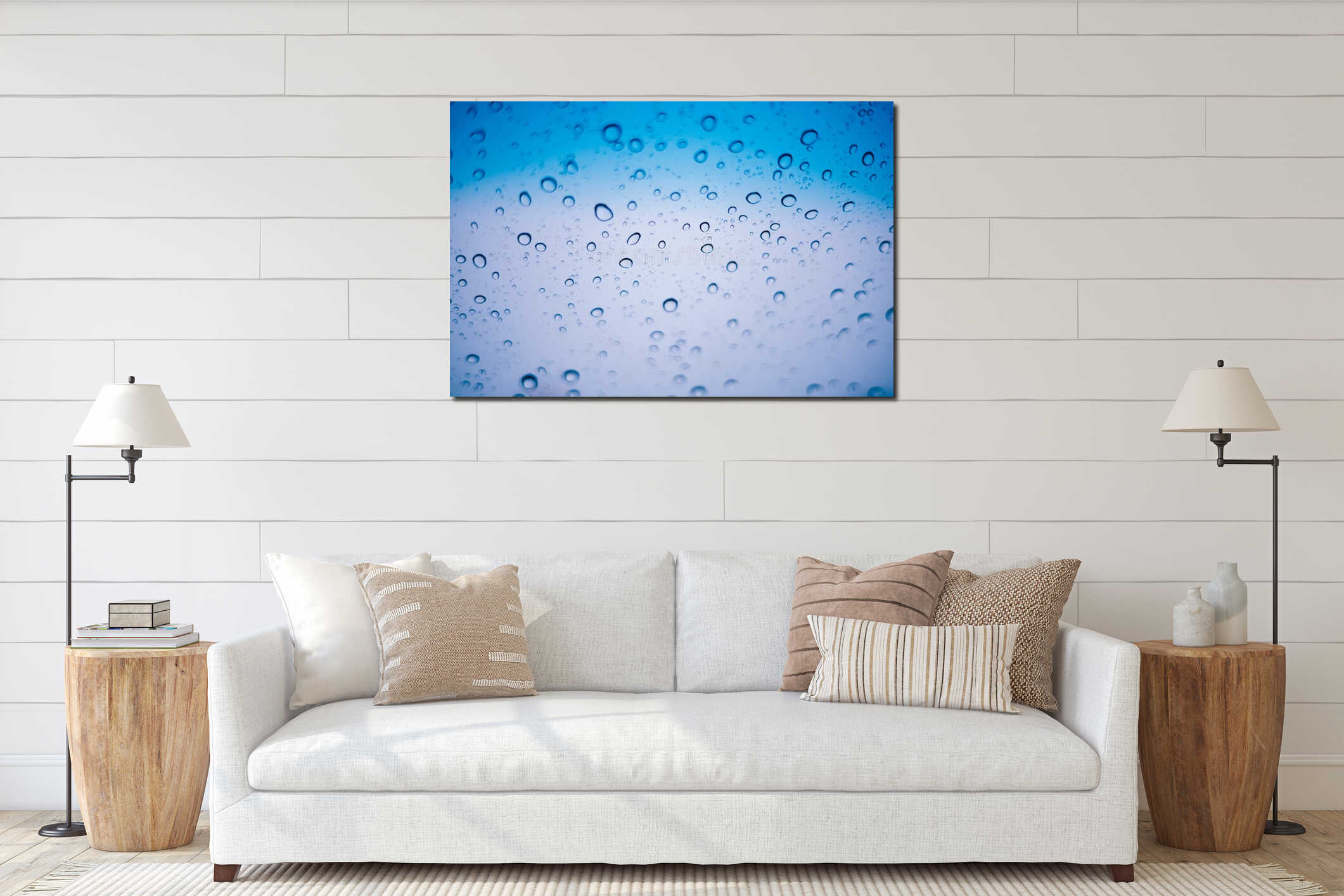 Blue water droplets and raindrops cling to the cool clear glass interior mockup