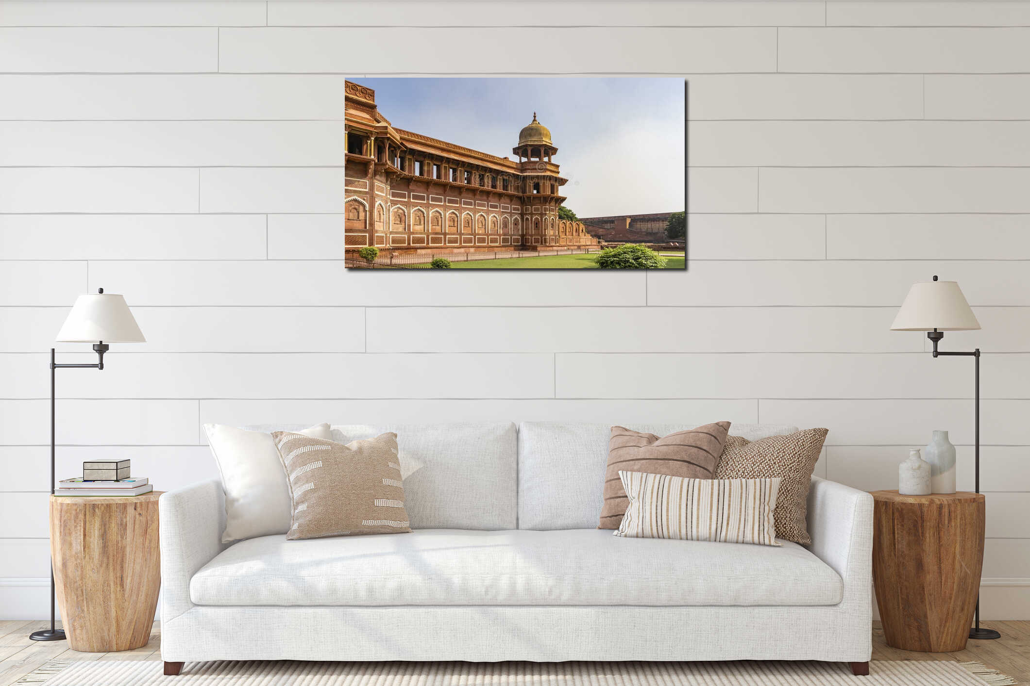 Jahangiri Mahal Palace. There are carvings, white ornaments, windows on the sandstone walls. interior mockup