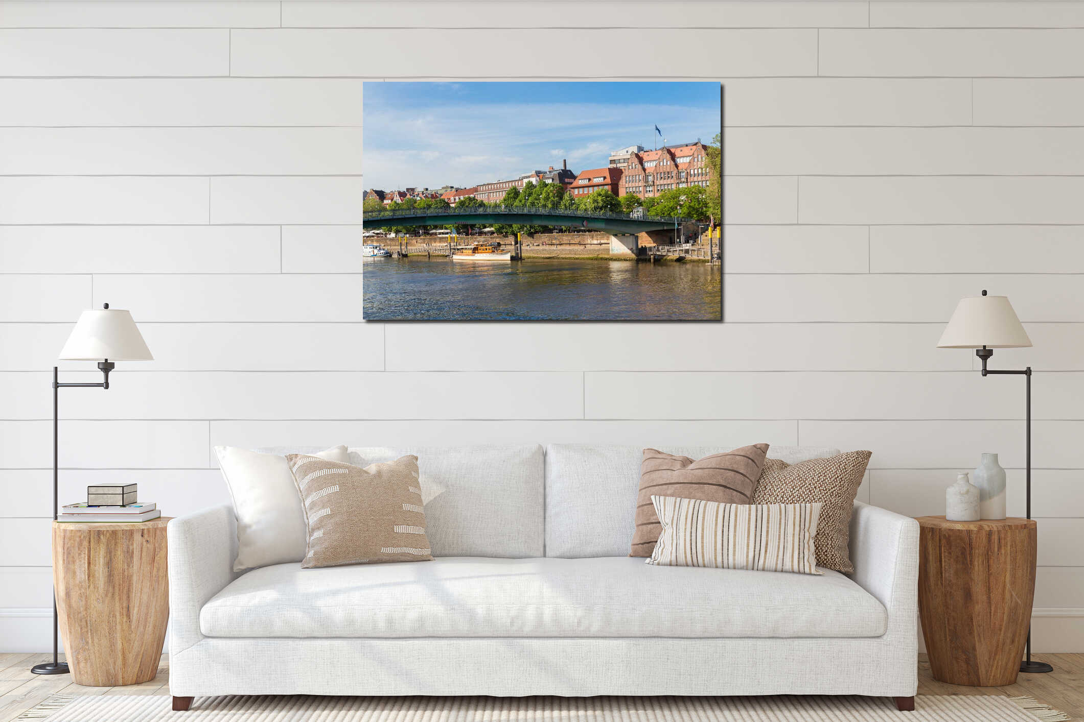 Cityscape of Bremen with old architecture, historical wooden sailing ships and barge floating along the river Weser interior mockup