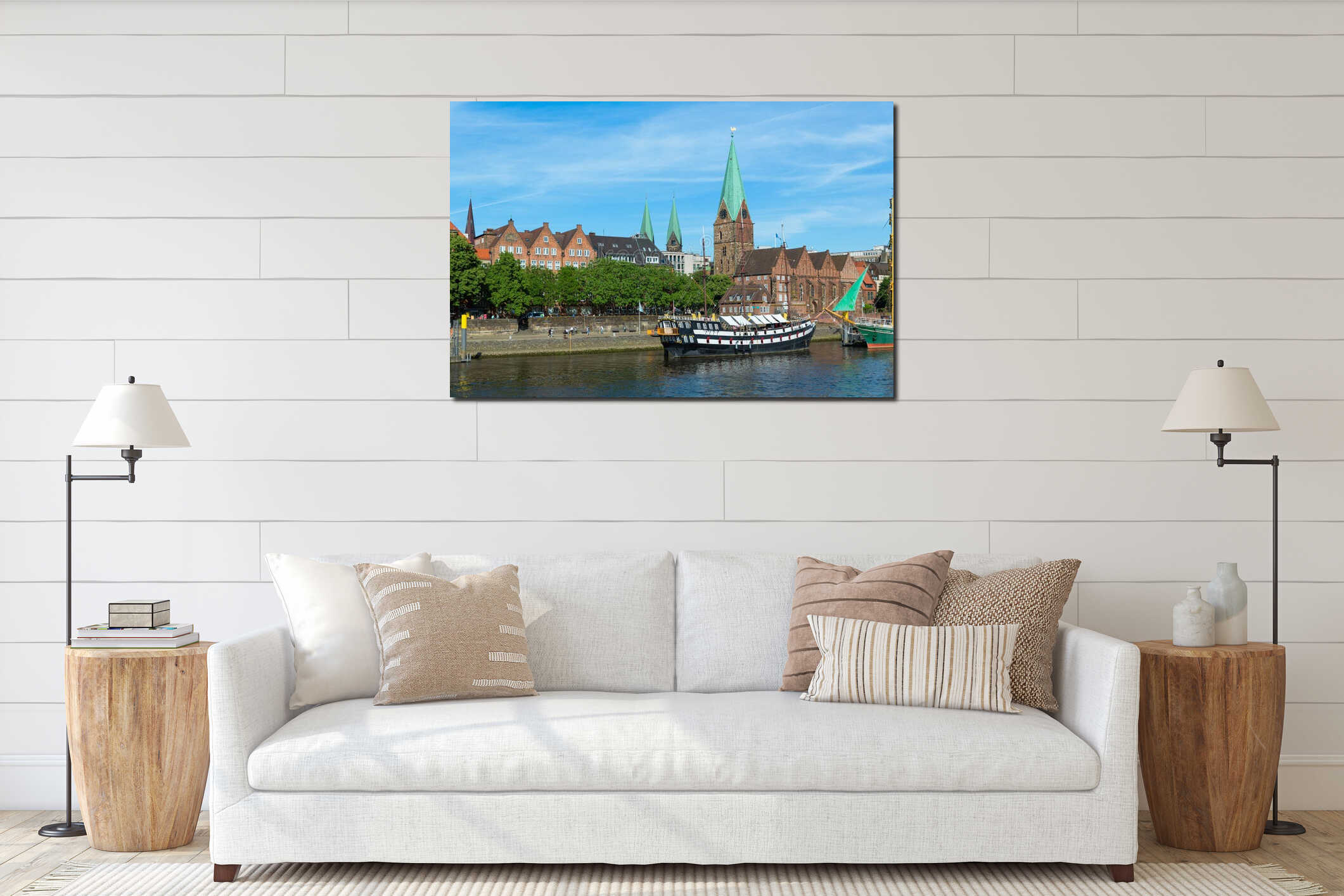 Cityscape of Bremen with old architecture, historical wooden sailing ships and barge floating along the river Weser interior mockup
