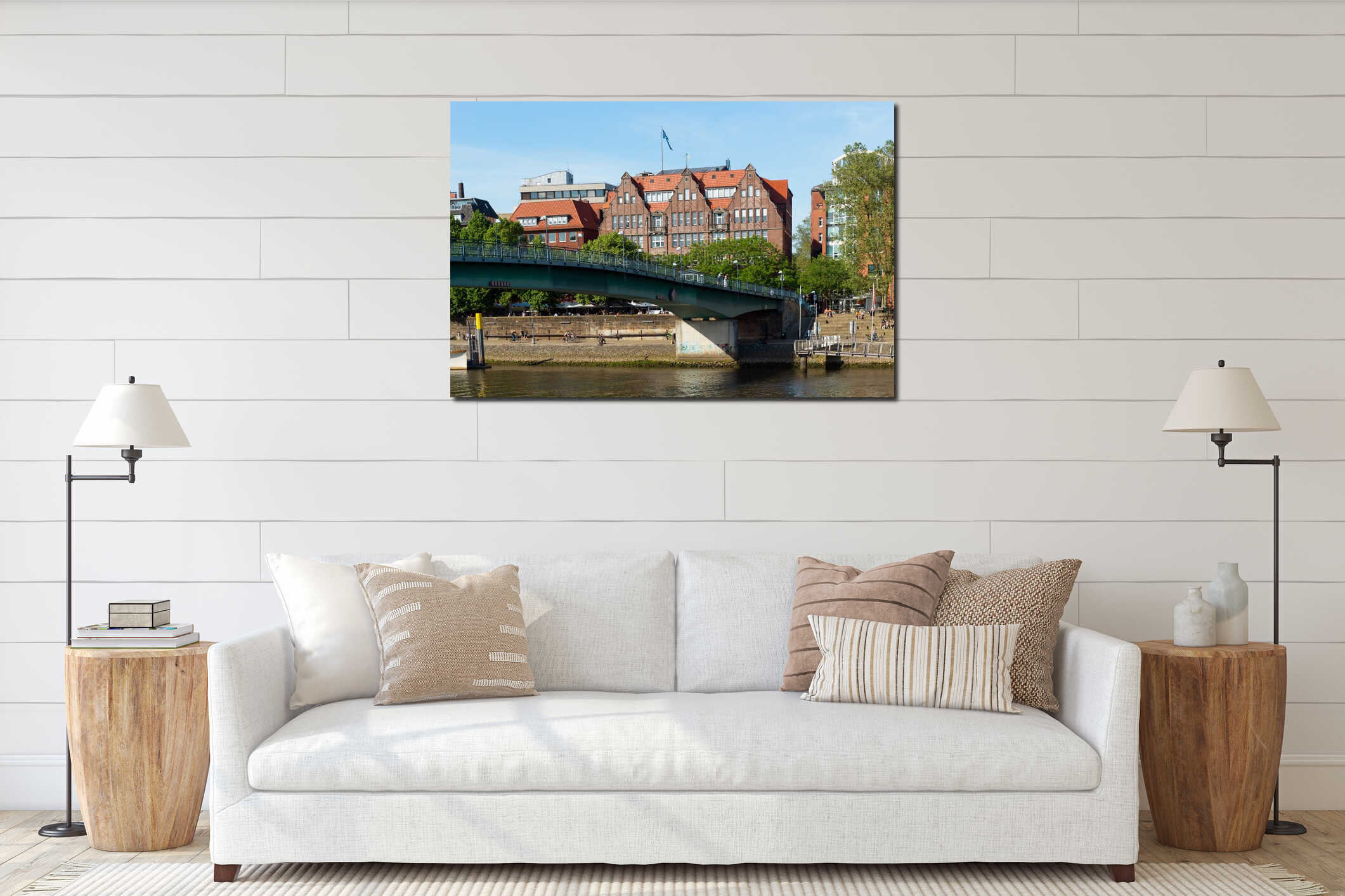 Cityscape of Bremen with old architecture, historical wooden sailing ships and barge floating along the river Weser interior mockup