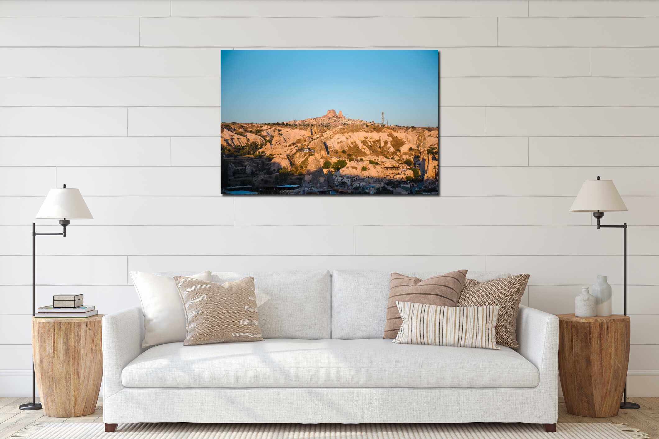 Beautiful landscape of turkish village among rocky mountains interior mockup