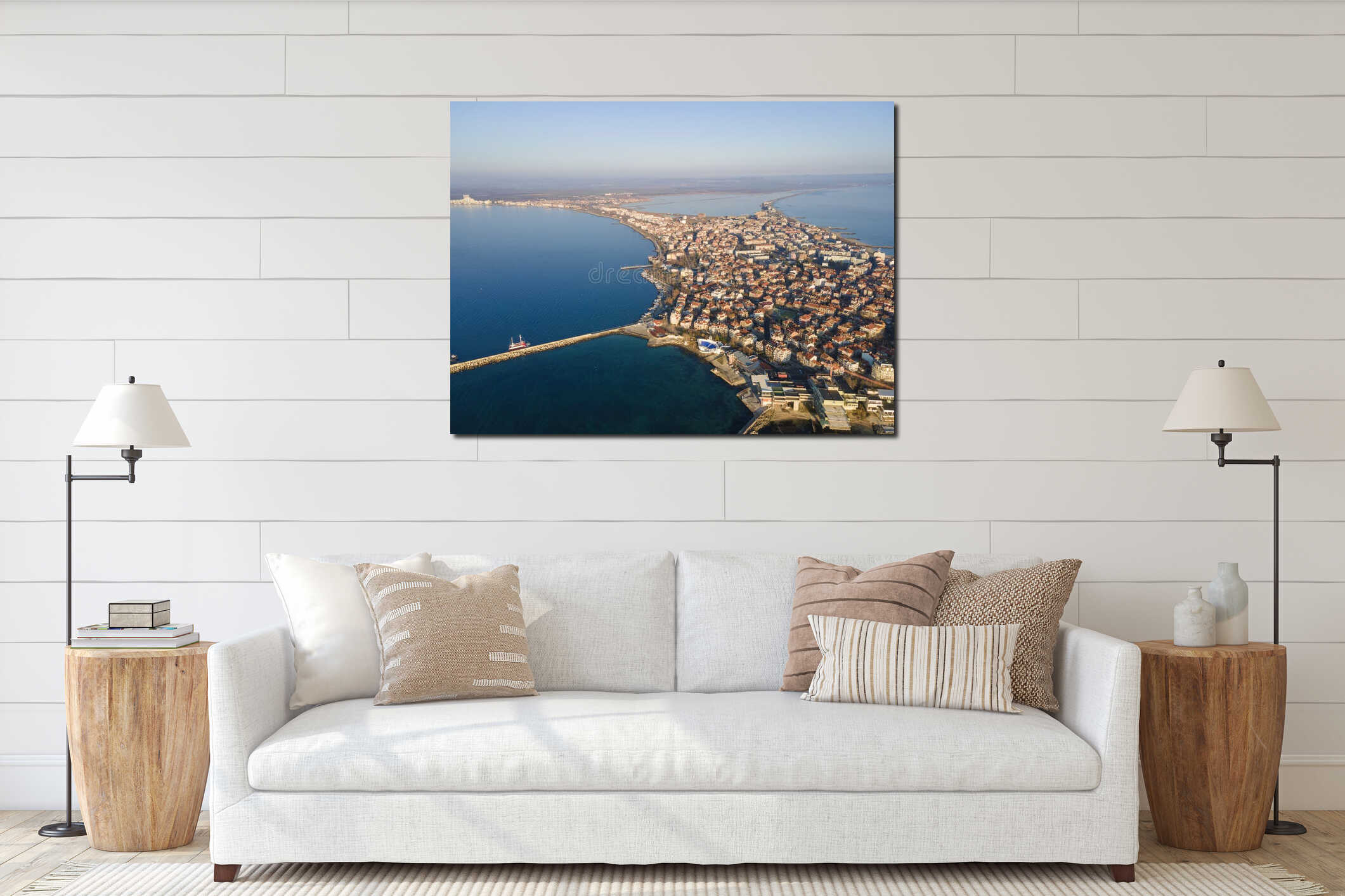 Amazing Aerial Sunrise view town of Pomorie, Bulgaria interior mockup