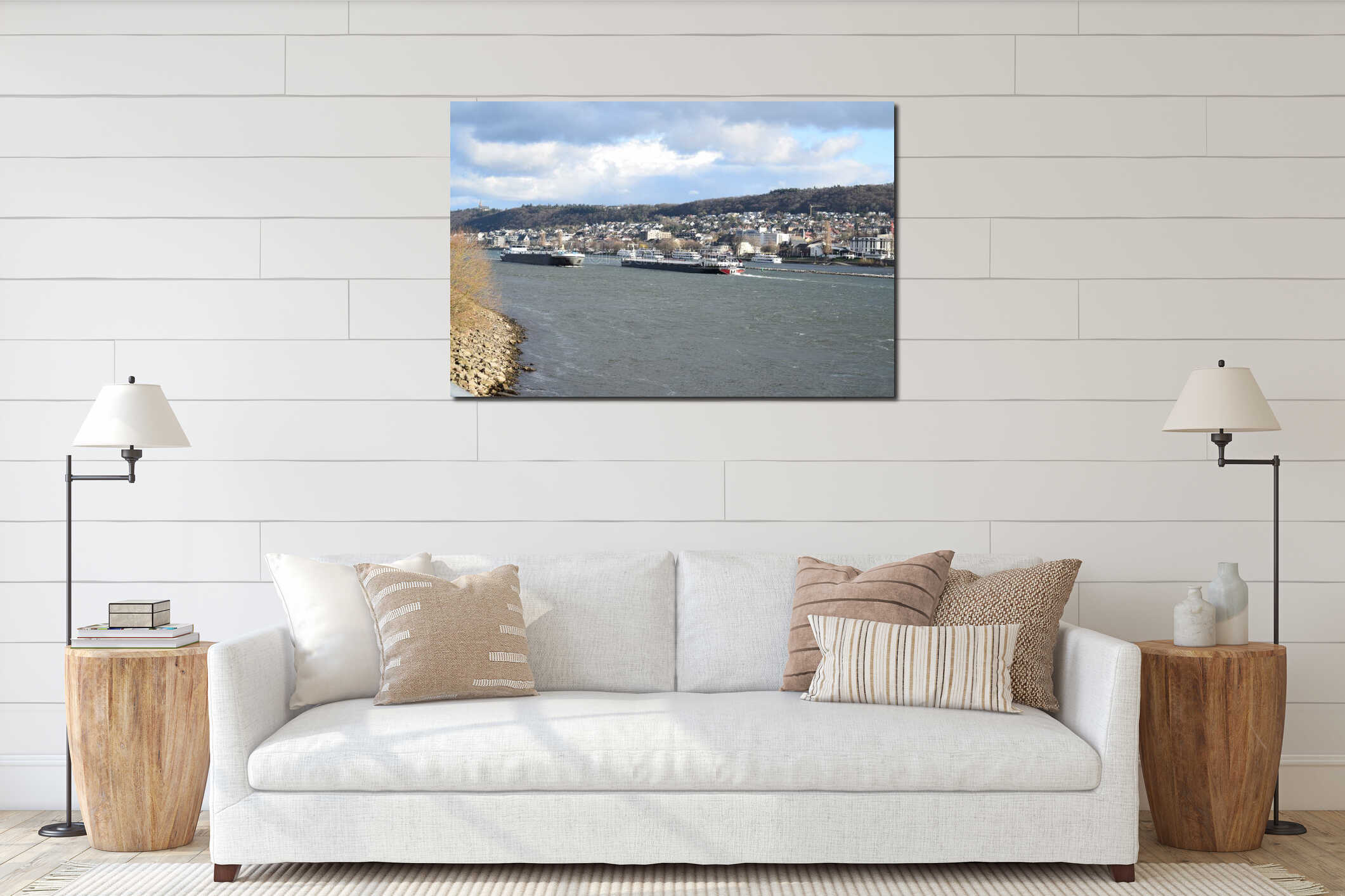 Bingen, Germany - 02 25 2023: Ship traffic at Bingen, cargo ships going, passenger ships waiting interior mockup