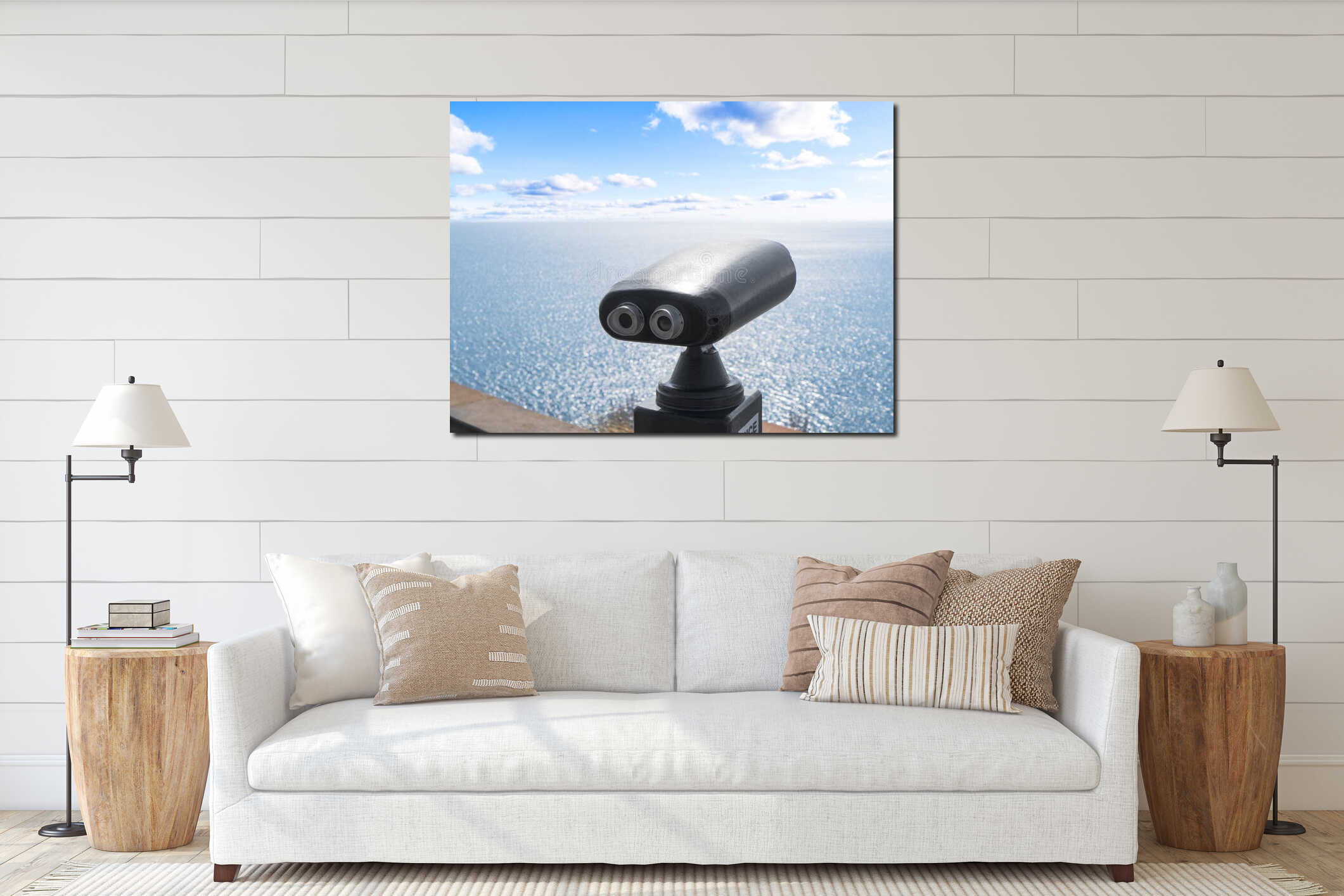 Tourist binoculars. A viewing platform for tourists. Stationary viewing binoculars. Binocular telescope on the observation deck interior mockup