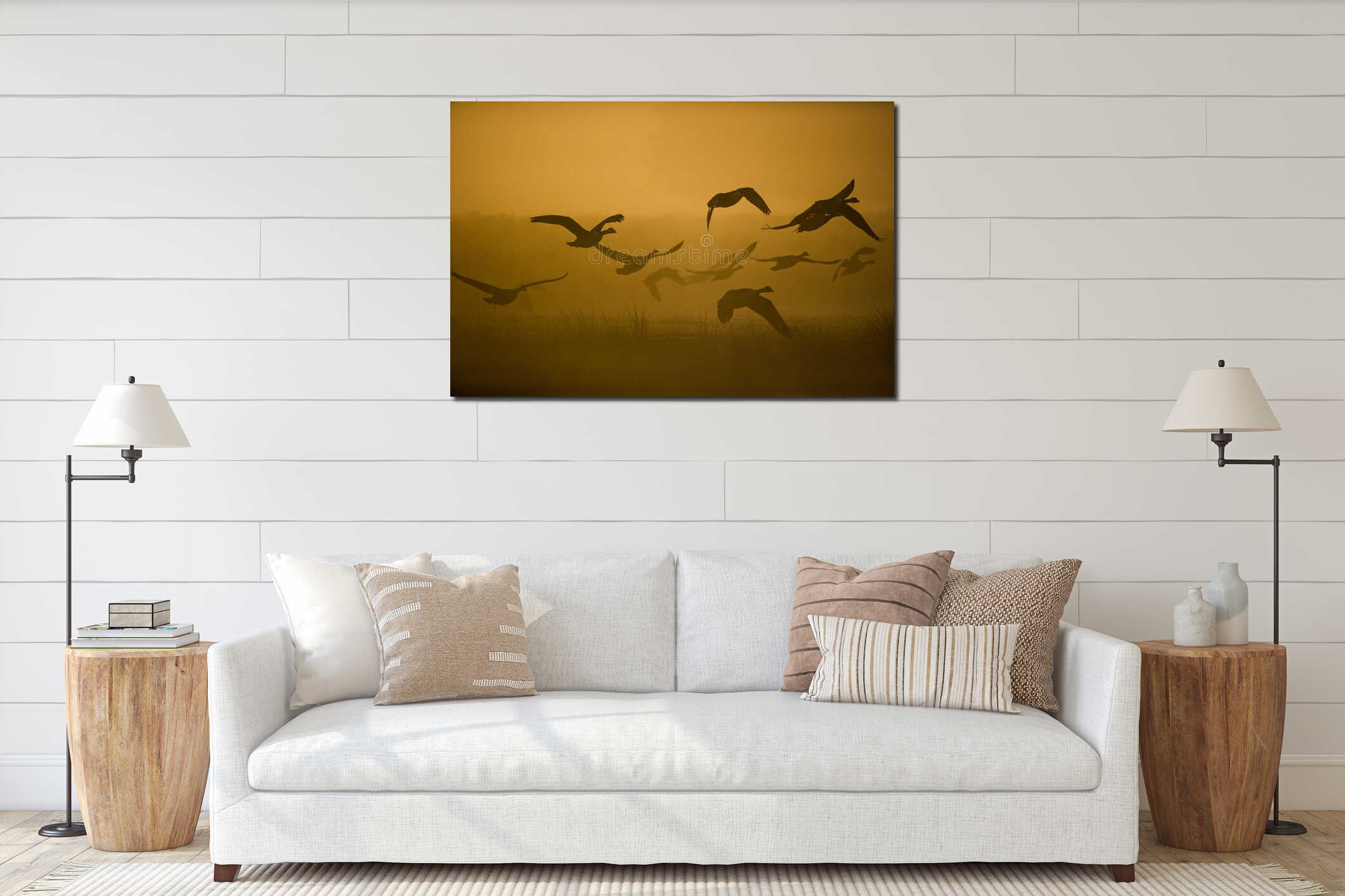 Silhouette of a flock of Canada geese lying off, London interior mockup