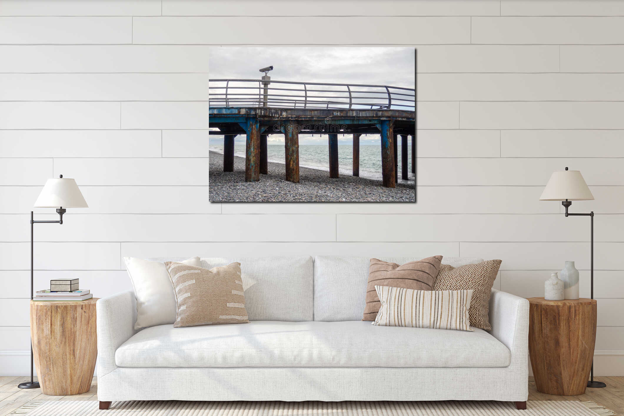 Metal pier on columns. Construction on the sea.Rusty pier. Stationary binoculars interior mockup