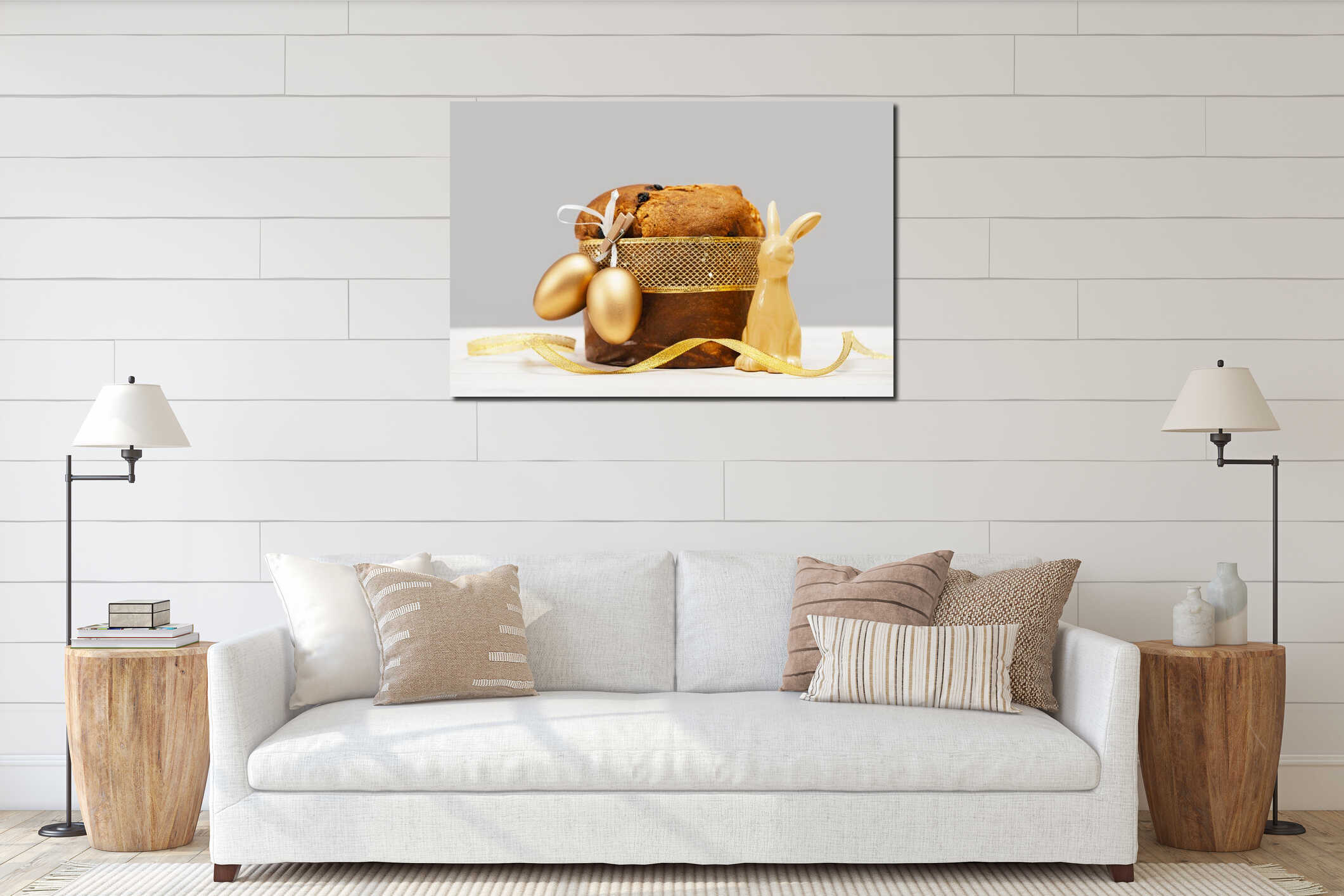 Italian Easter Panettone and golden eggs on table banner interior mockup
