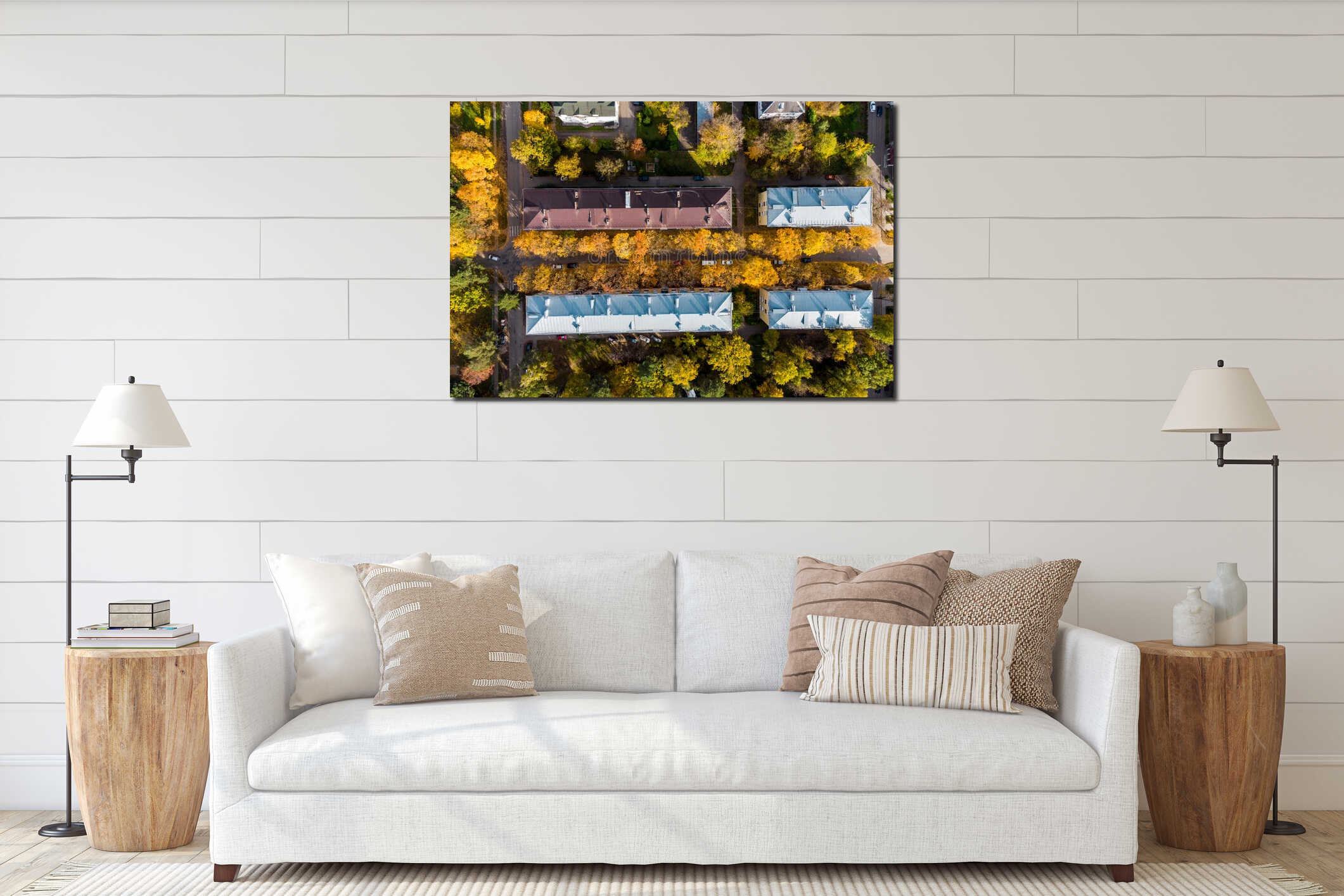 Scenic aerial view of autumn city with colorful vibrant foliage interior mockup