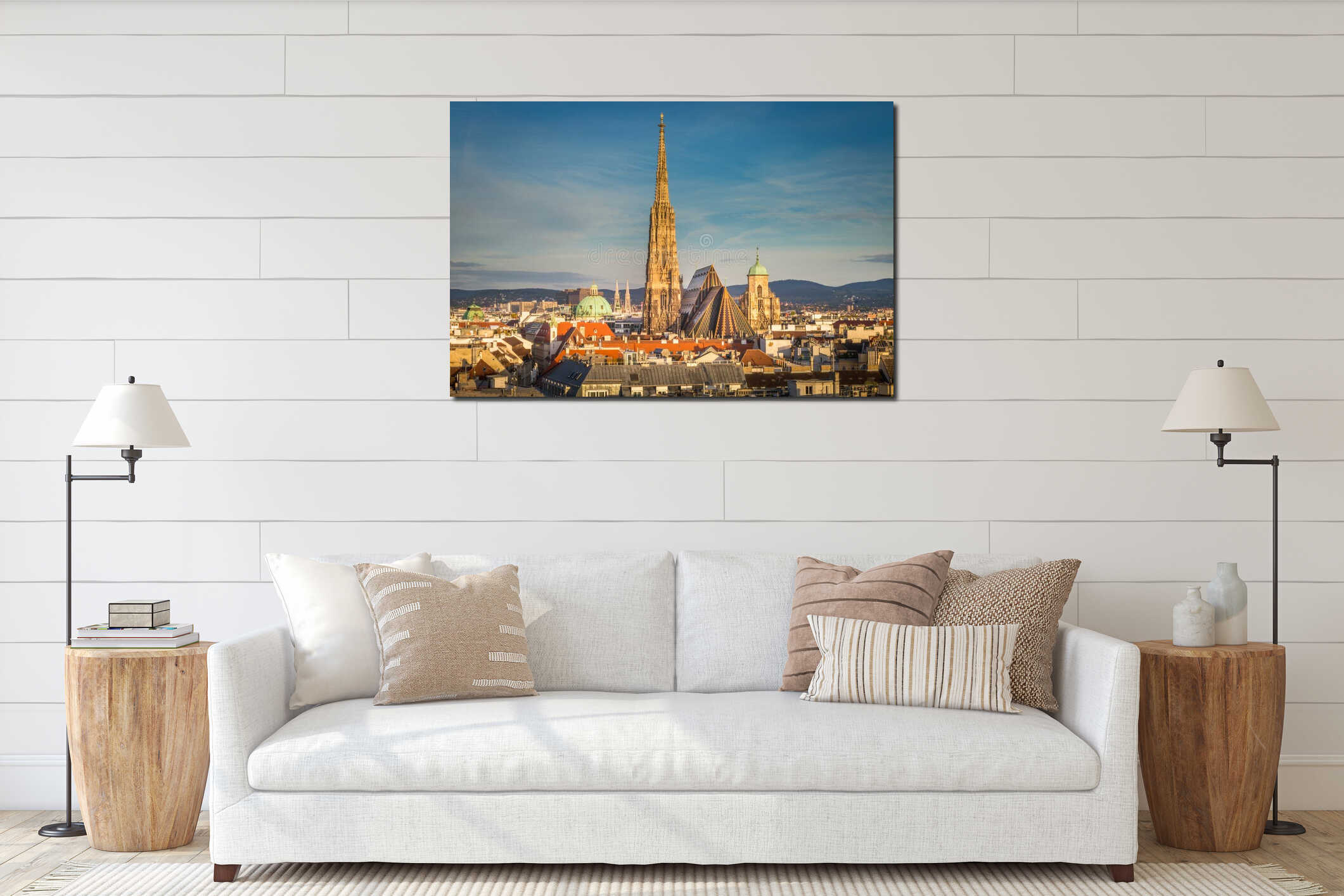 Panoramic view of Vienna cityscape with Cathedral from above, Austria interior mockup