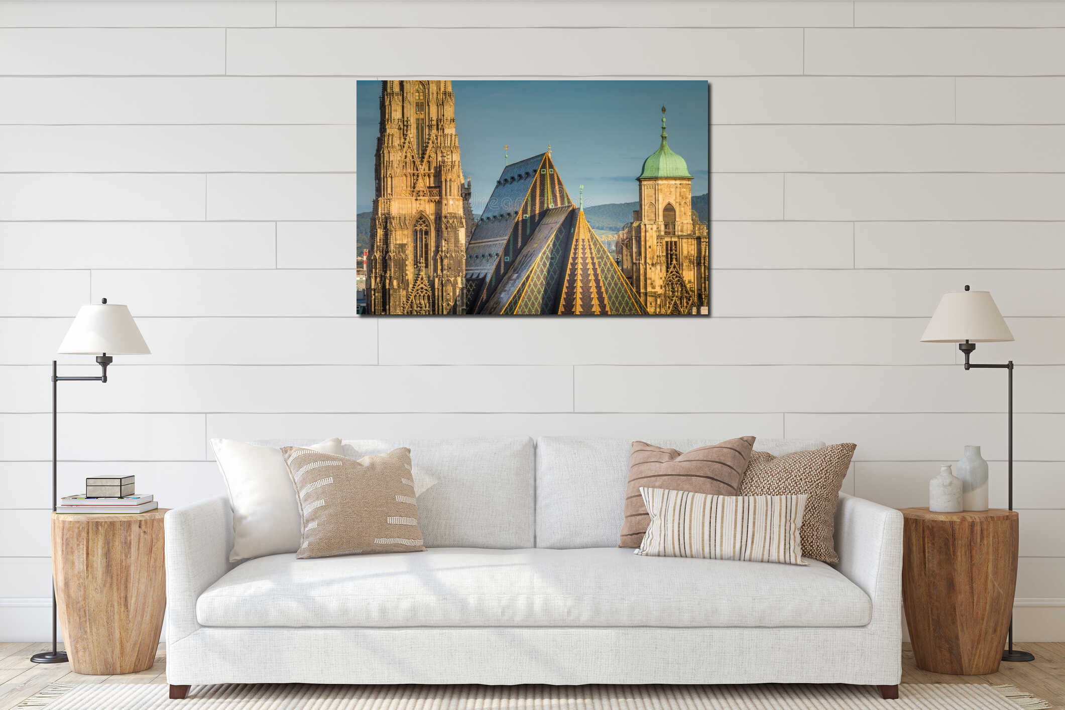 Panoramic view of Vienna cityscape with Cathedral from above, Austria interior mockup