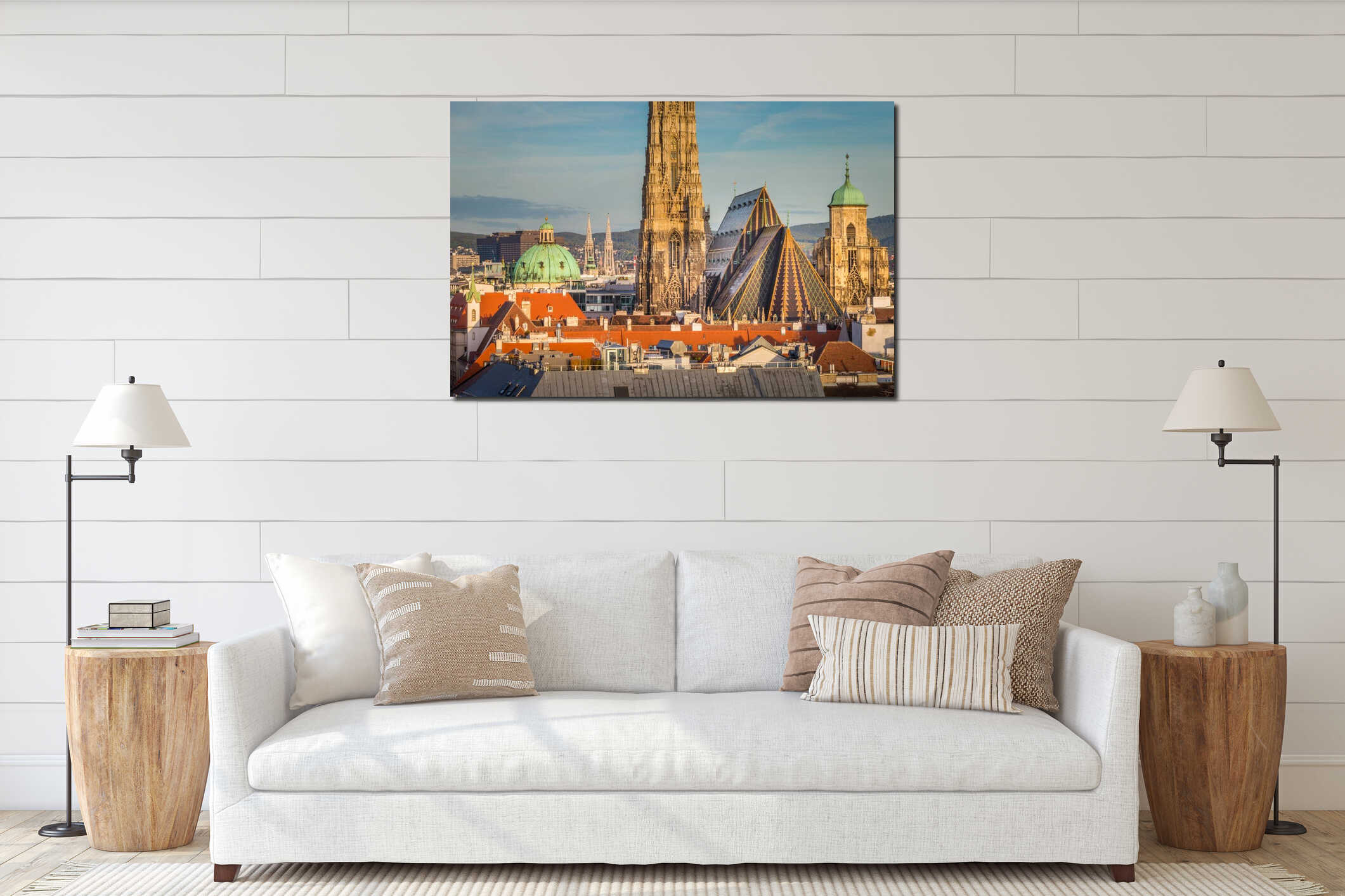 Panoramic view of Vienna cityscape with Cathedral from above, Austria interior mockup