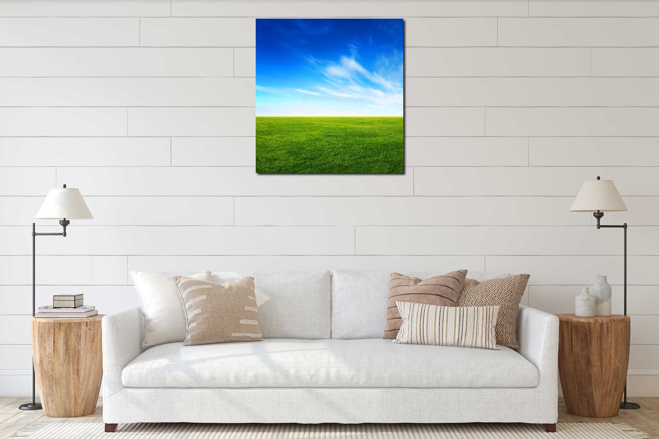 Green grass field and bright blue sky interior mockup