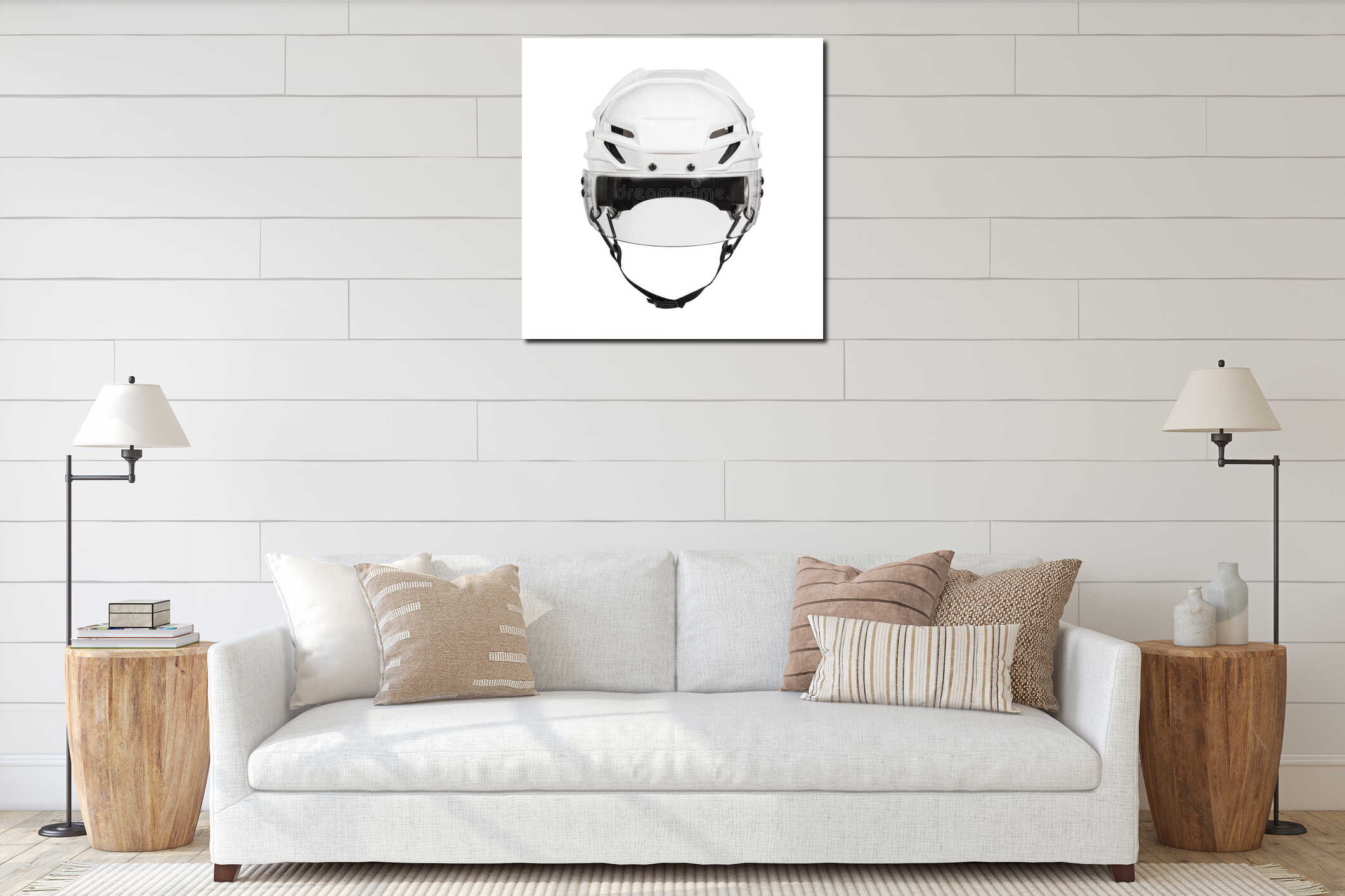 White Protective Ice Hockey Helmet with Transparent Plastic Visor on White Background interior mockup