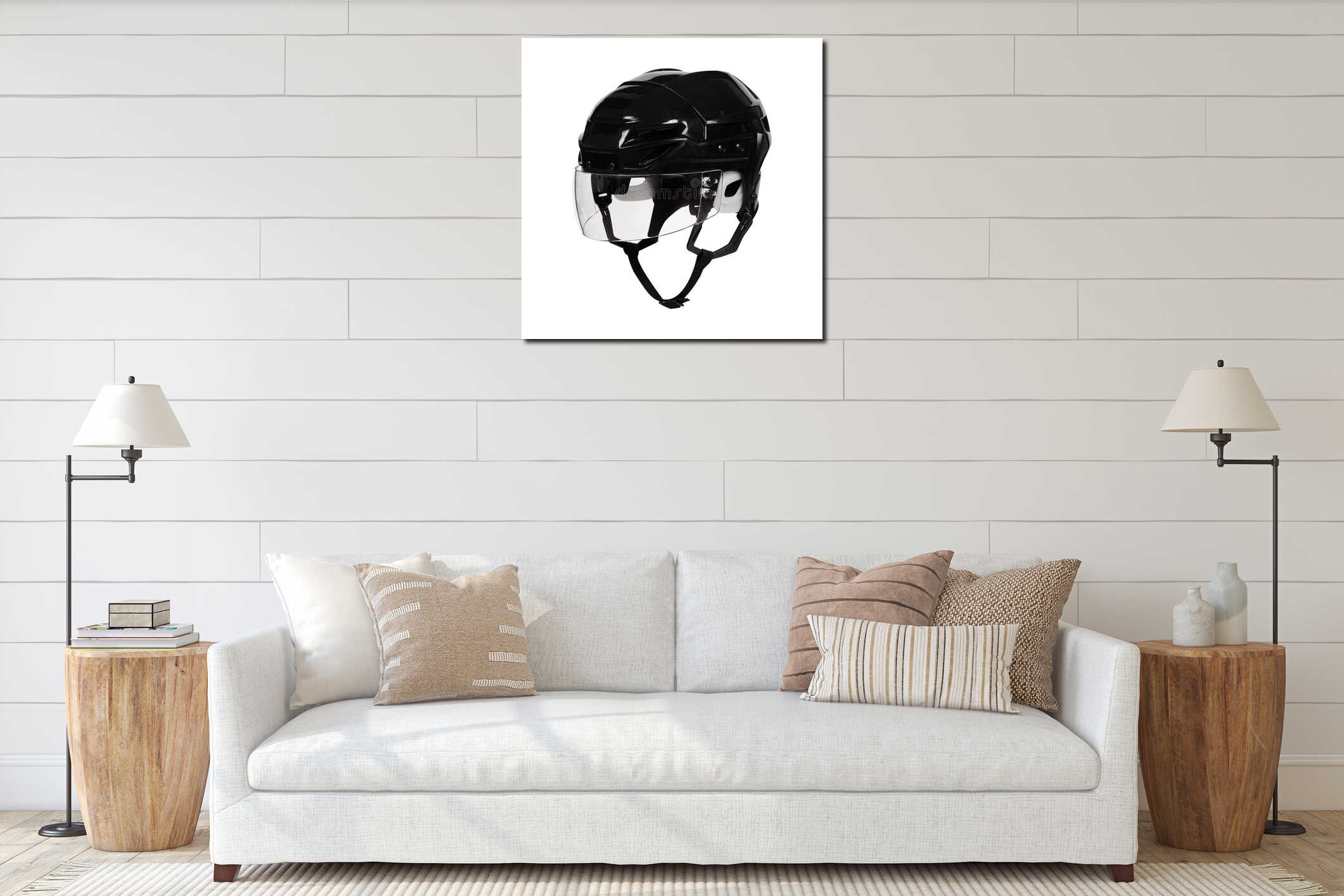 Black Protective Ice Hockey Helmet with Transparent Plastic Visor on White Background interior mockup