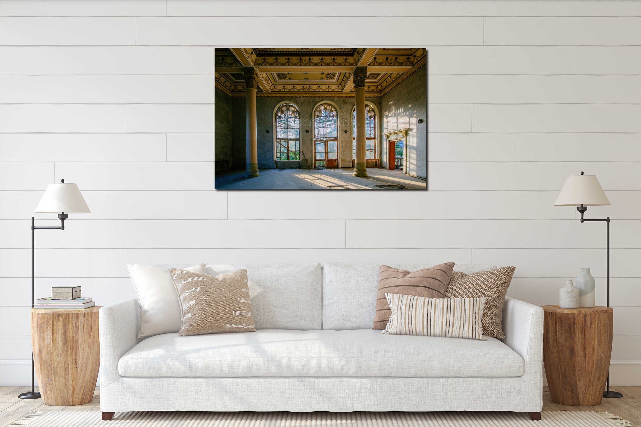 Large hall with columns in old abandoned mansion interior mockup