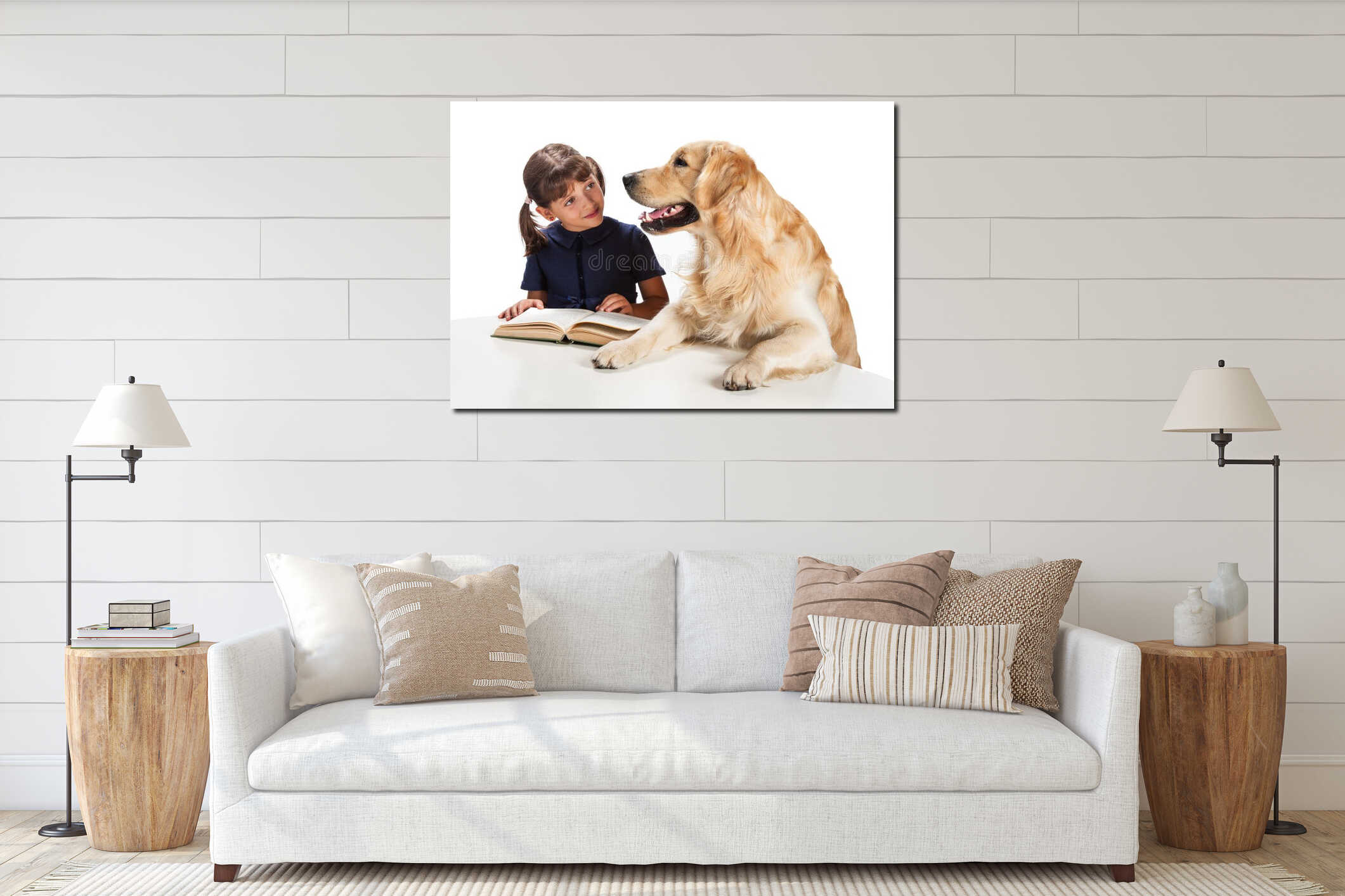 Young girl reading to her dog interior mockup
