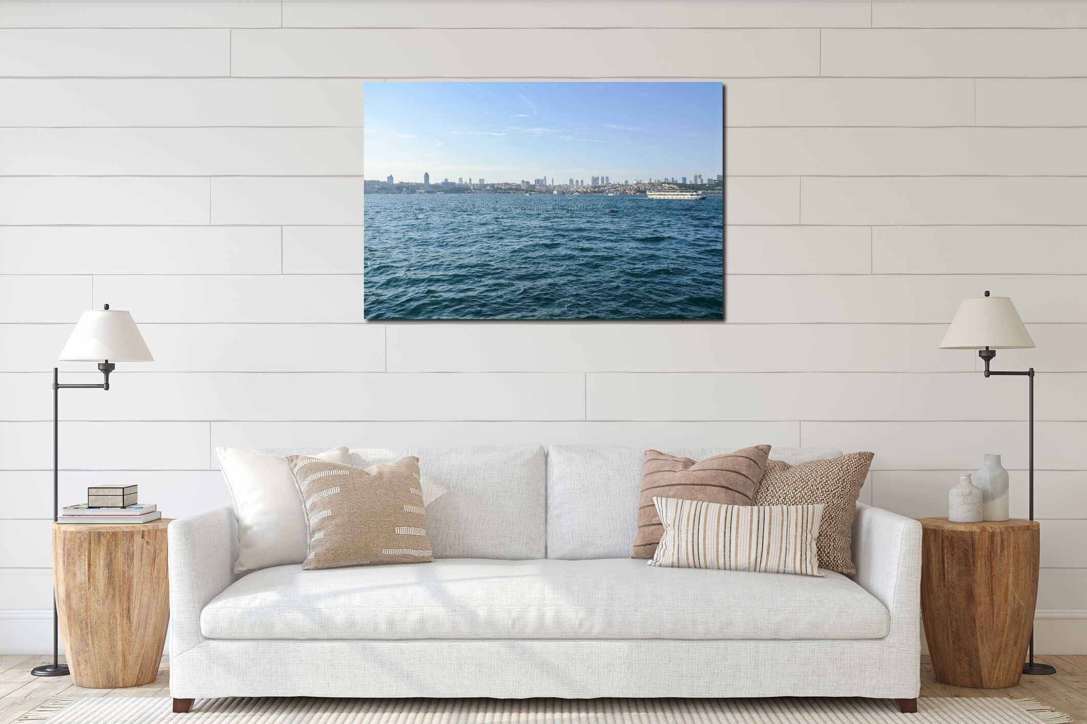 Ships going on sea. Istanbul cityscape from the Bosphorus during warm summer day interior mockup