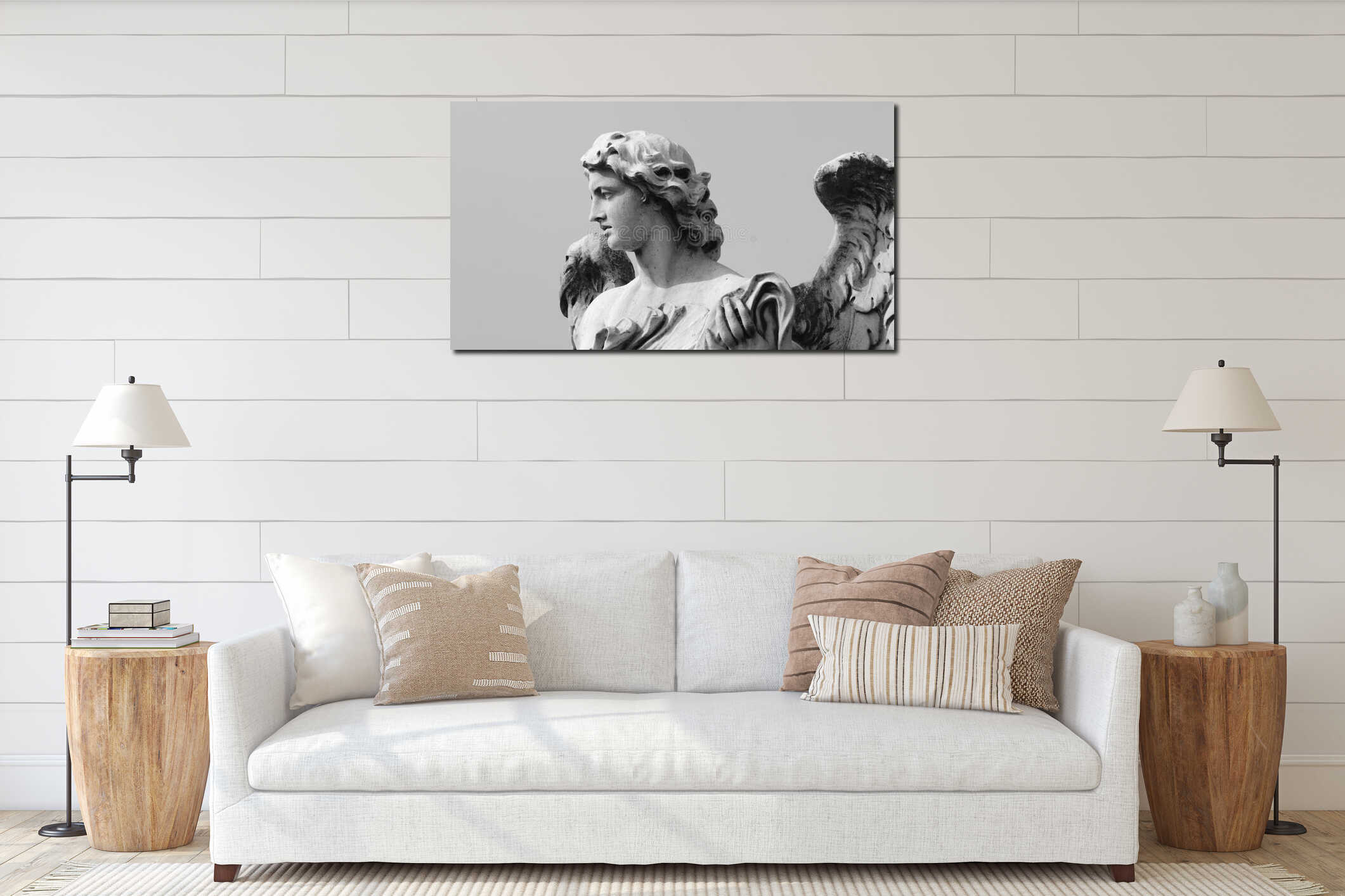 marble statue of the angel of Ponte Sant'Angelo with blue sky interior mockup