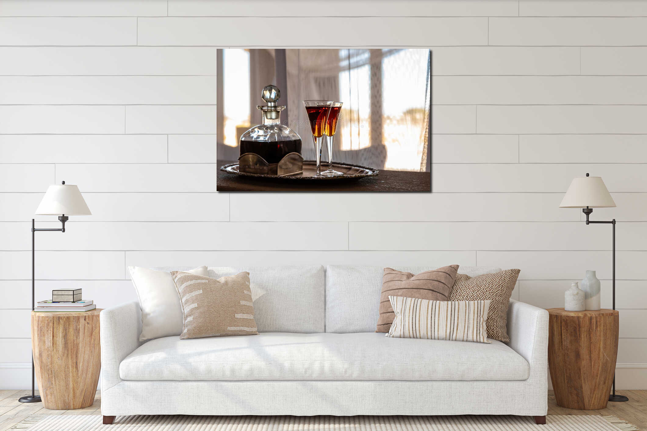 Two glasses an a carafe filled with red sherry in a room with a lot of sun, Namibia. interior mockup
